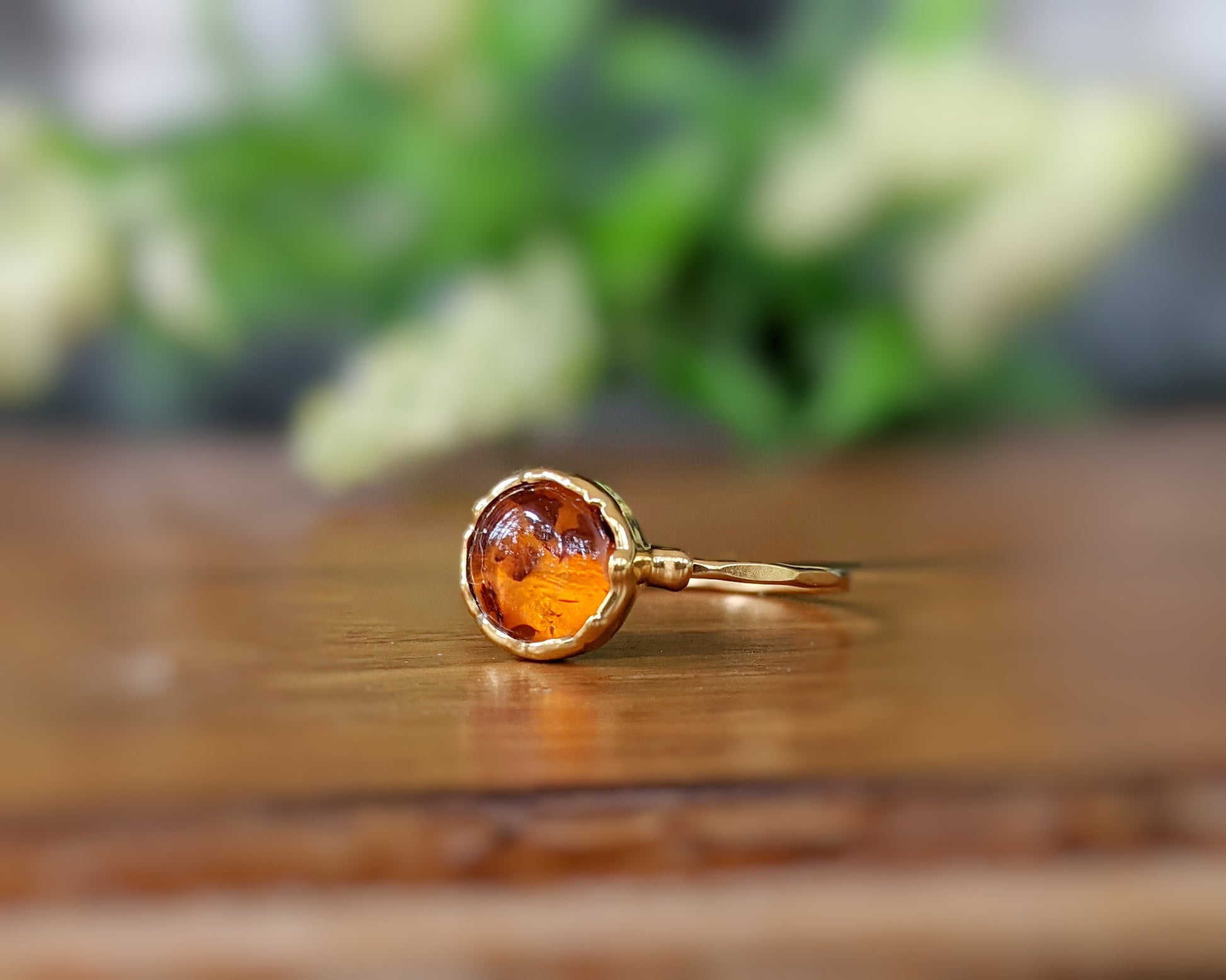 Baltic Amber Gold ring featuring a natural 8mm stone set on a 14k hammered Gold filled band, unique and handmade.