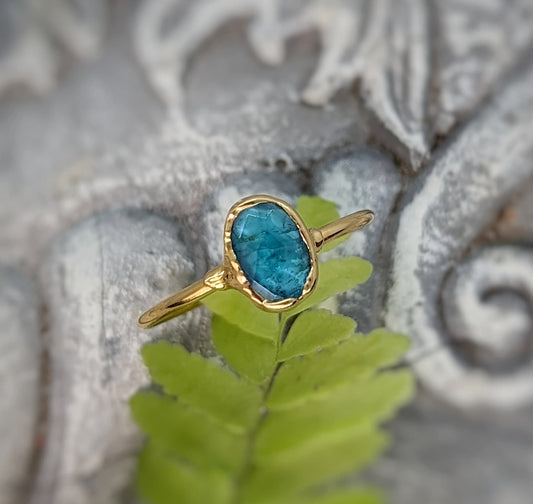 Handcrafted blue Tourmaline ring on a gold-filled band, showcasing natural rose cut gemstone, ideal for gifts.