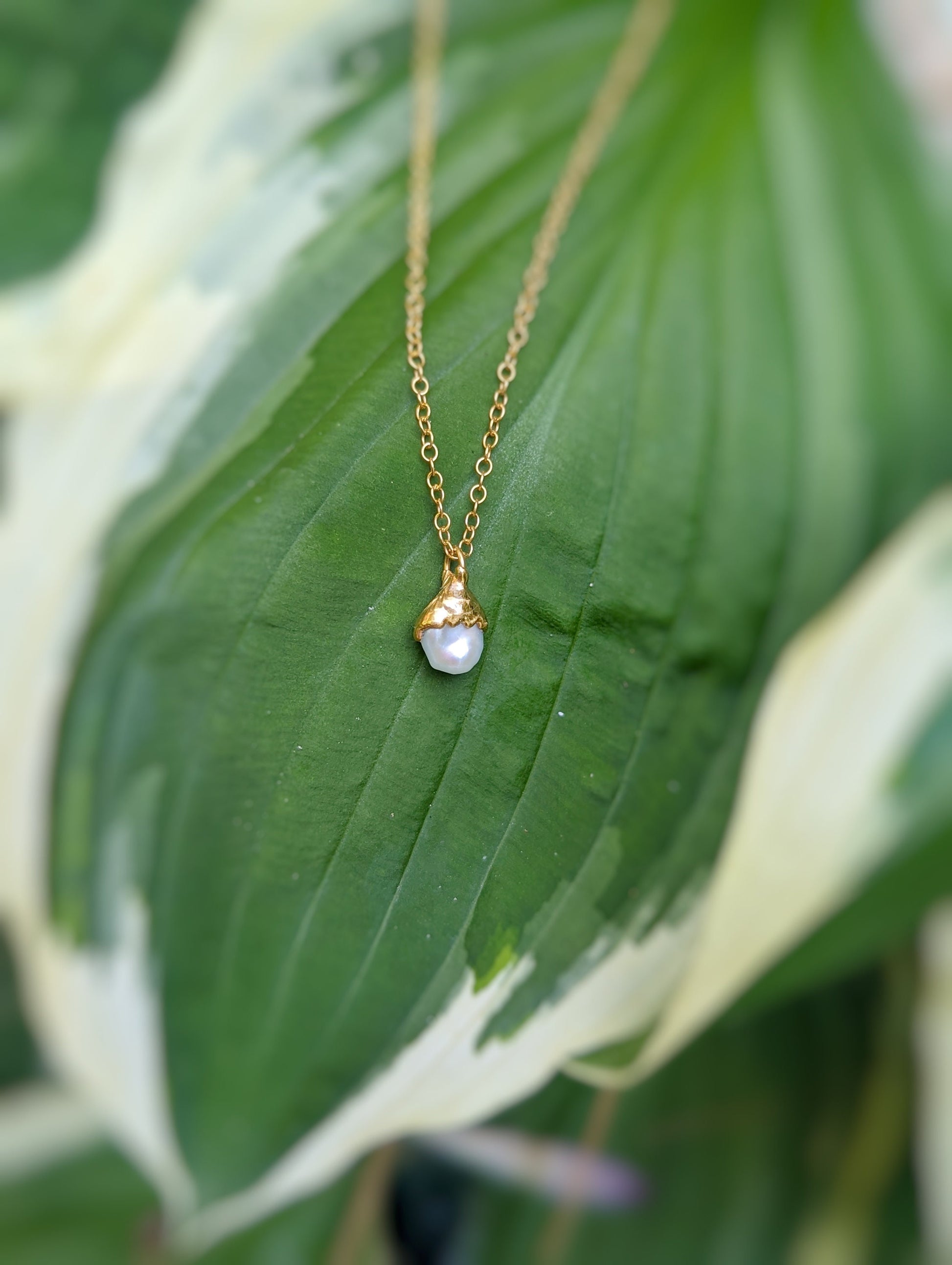 Freshwater Keshi Pearl necklace on a green leaf, handcrafted with 18k gold plating, perfect gift for special occasions.