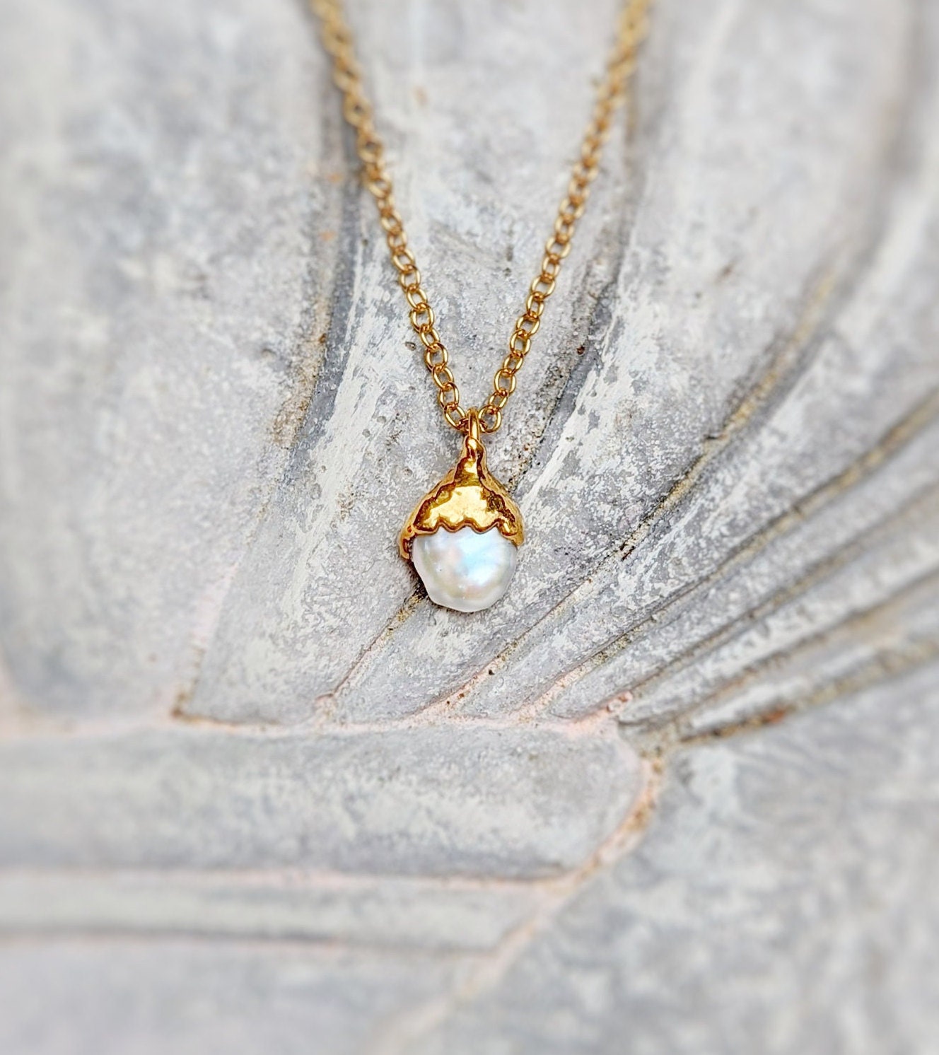 Elegant Freshwater Pearl necklace with 18k Gold electroformed pendant on a 14k gold filled chain, perfect for gifts.