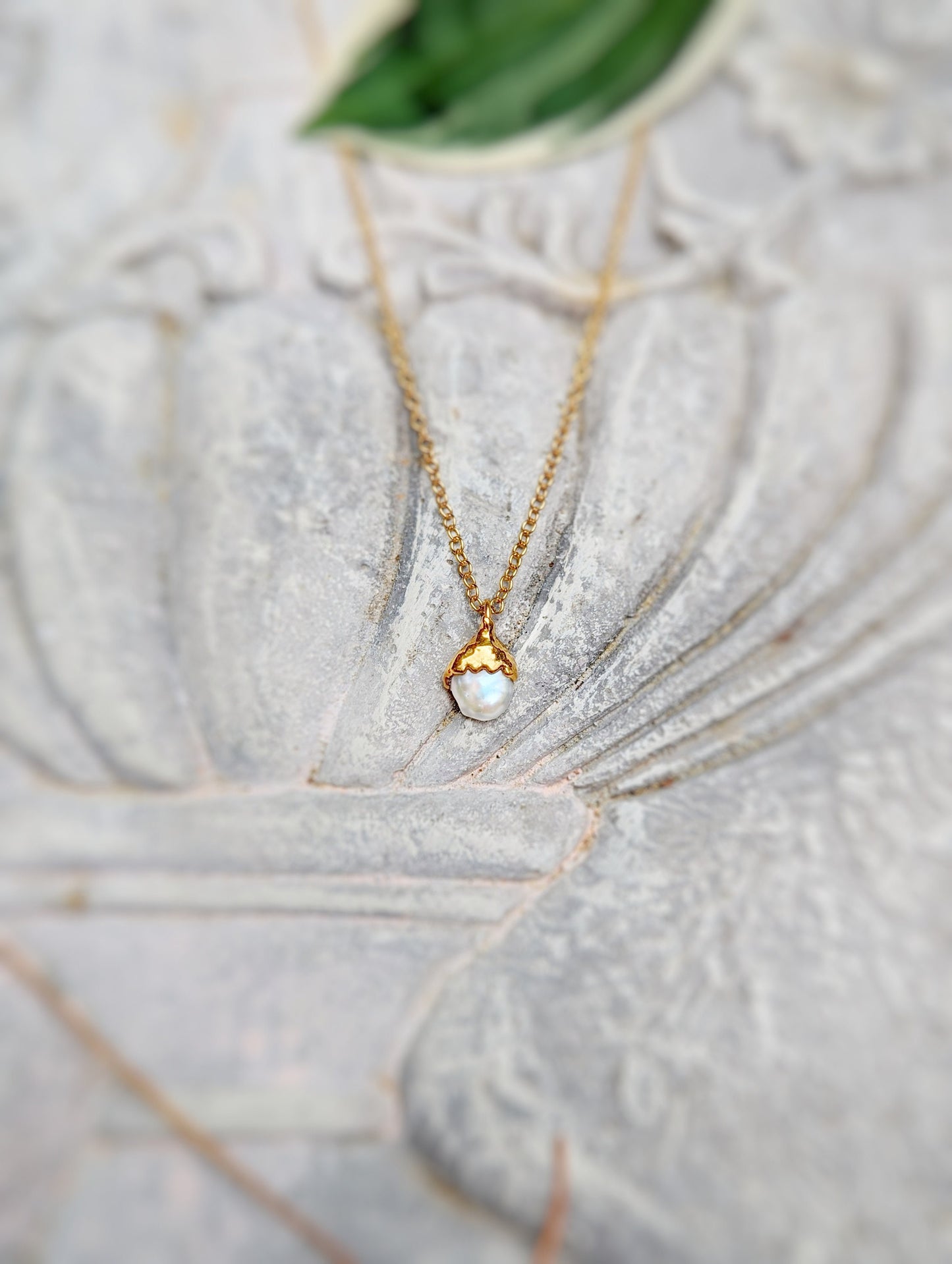 Dainty rustic Freshwater Pearl necklace with 18k Gold electroformed pendant on 14k gold filled chain.