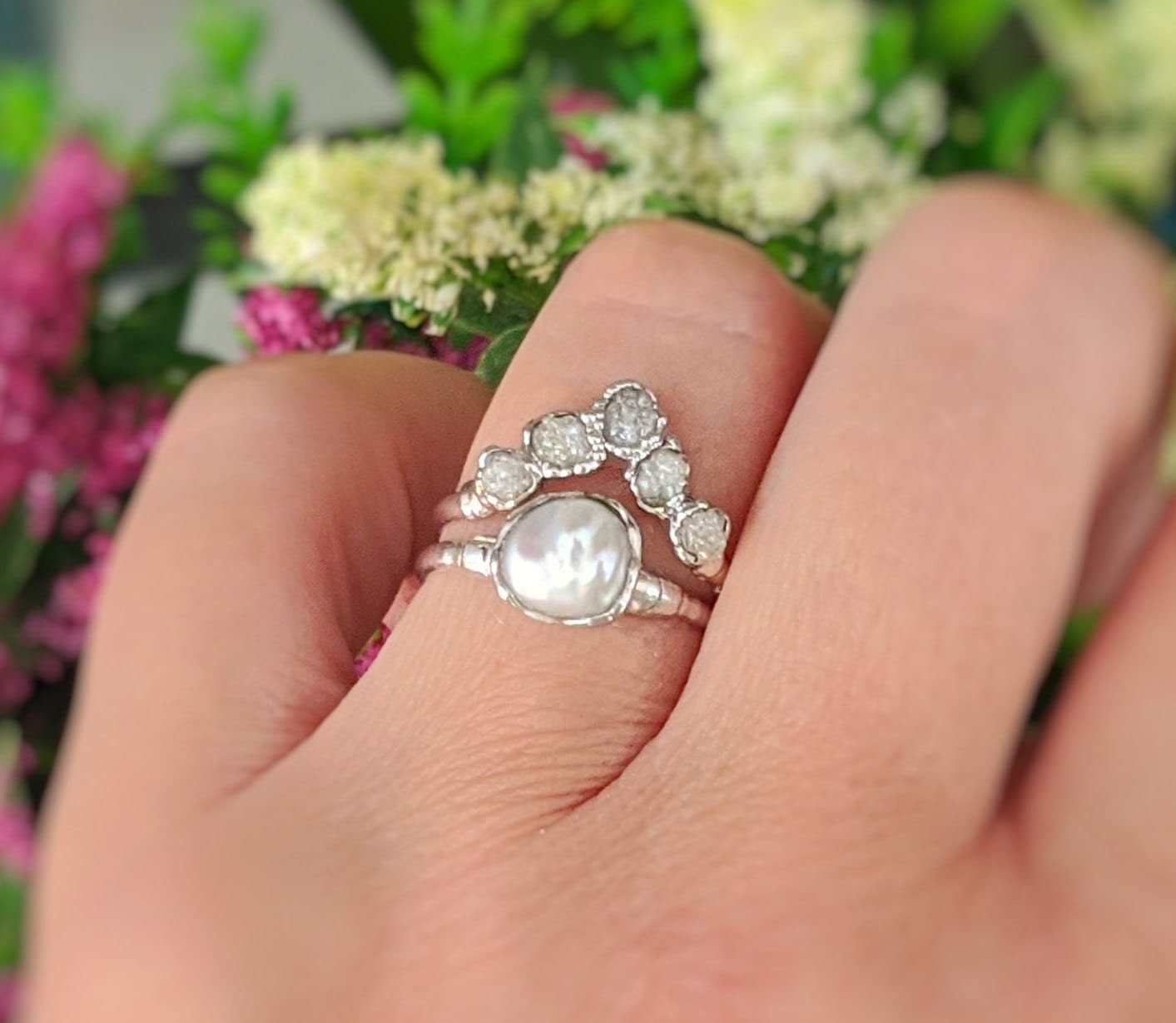 Freshwater pearl and raw diamond Chevron wedding ring set in solid 14k gold, showcasing unique rustic elegance.