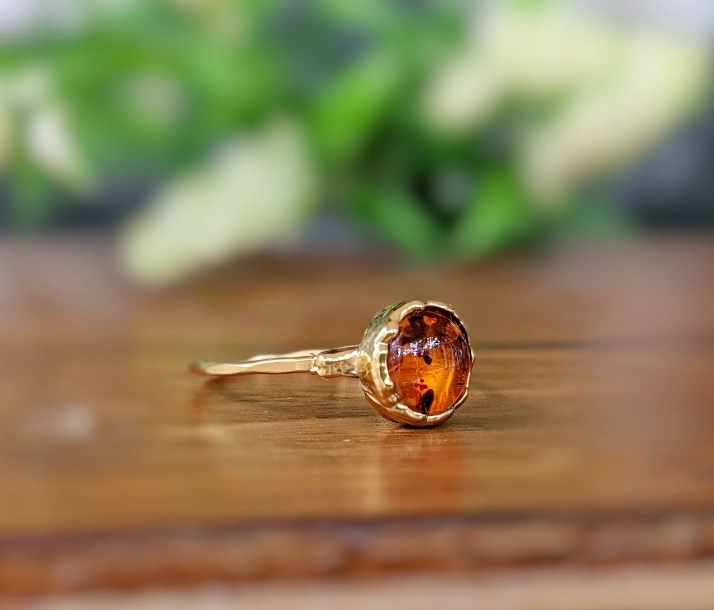 Baltic Amber gold ring with 8mm stone on a hammered 14k gold filled band, unique gemstone jewelry