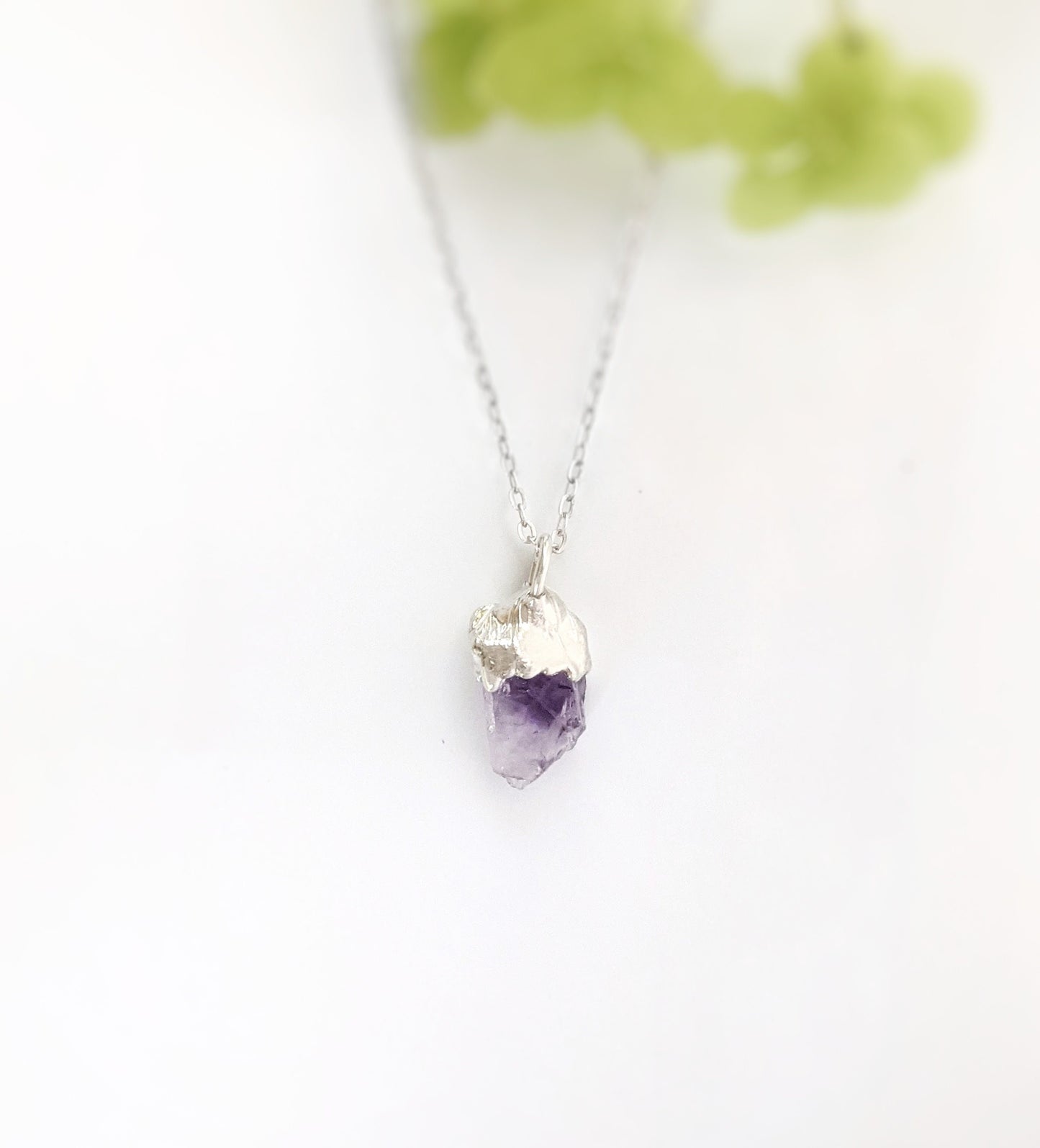 Raw amethyst crystal necklace on sterling silver chain, perfect unique gift for birthdays or special occasions.