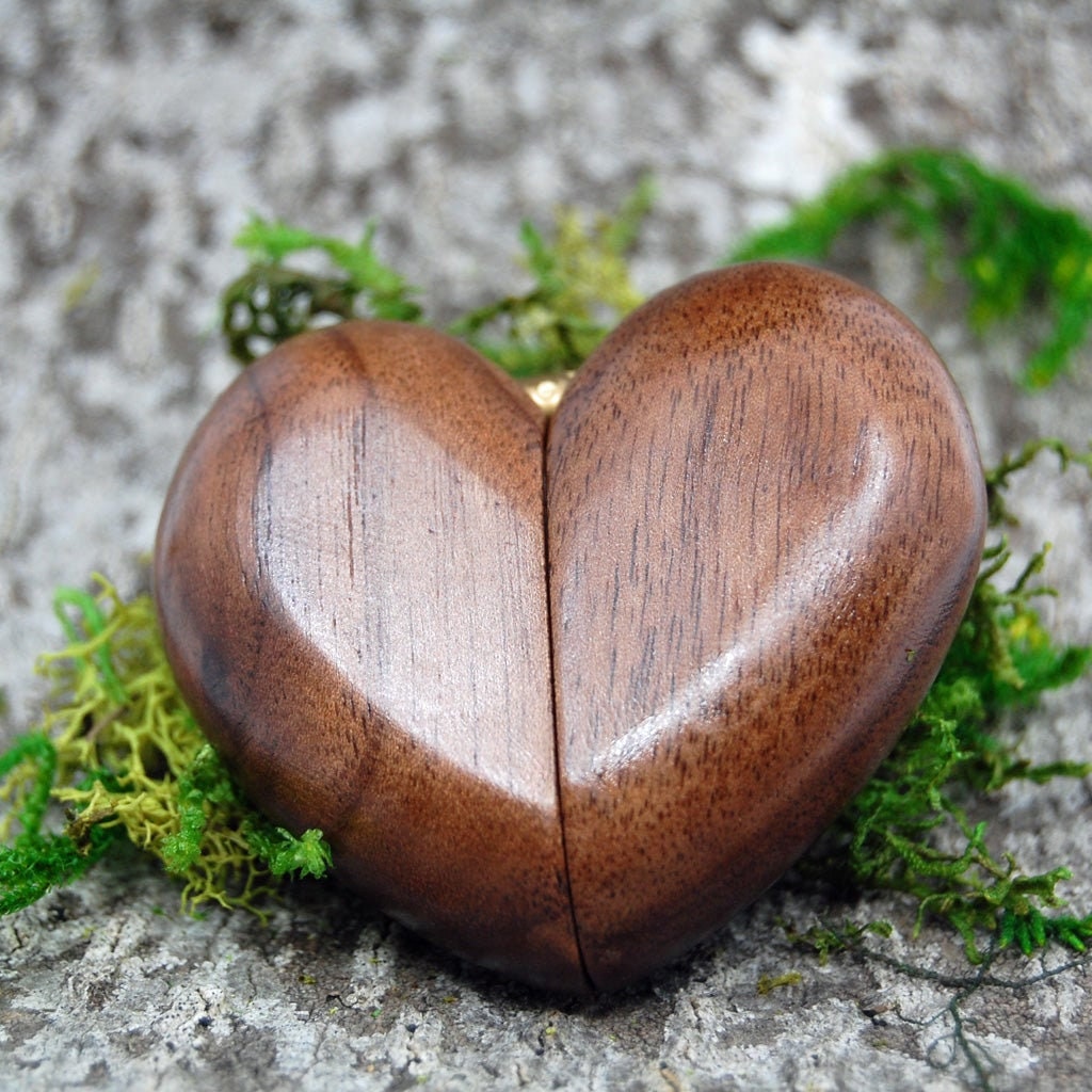 Heart-shaped walnut wooden ring box for engagement or wedding rings, perfect add-on gift box.
