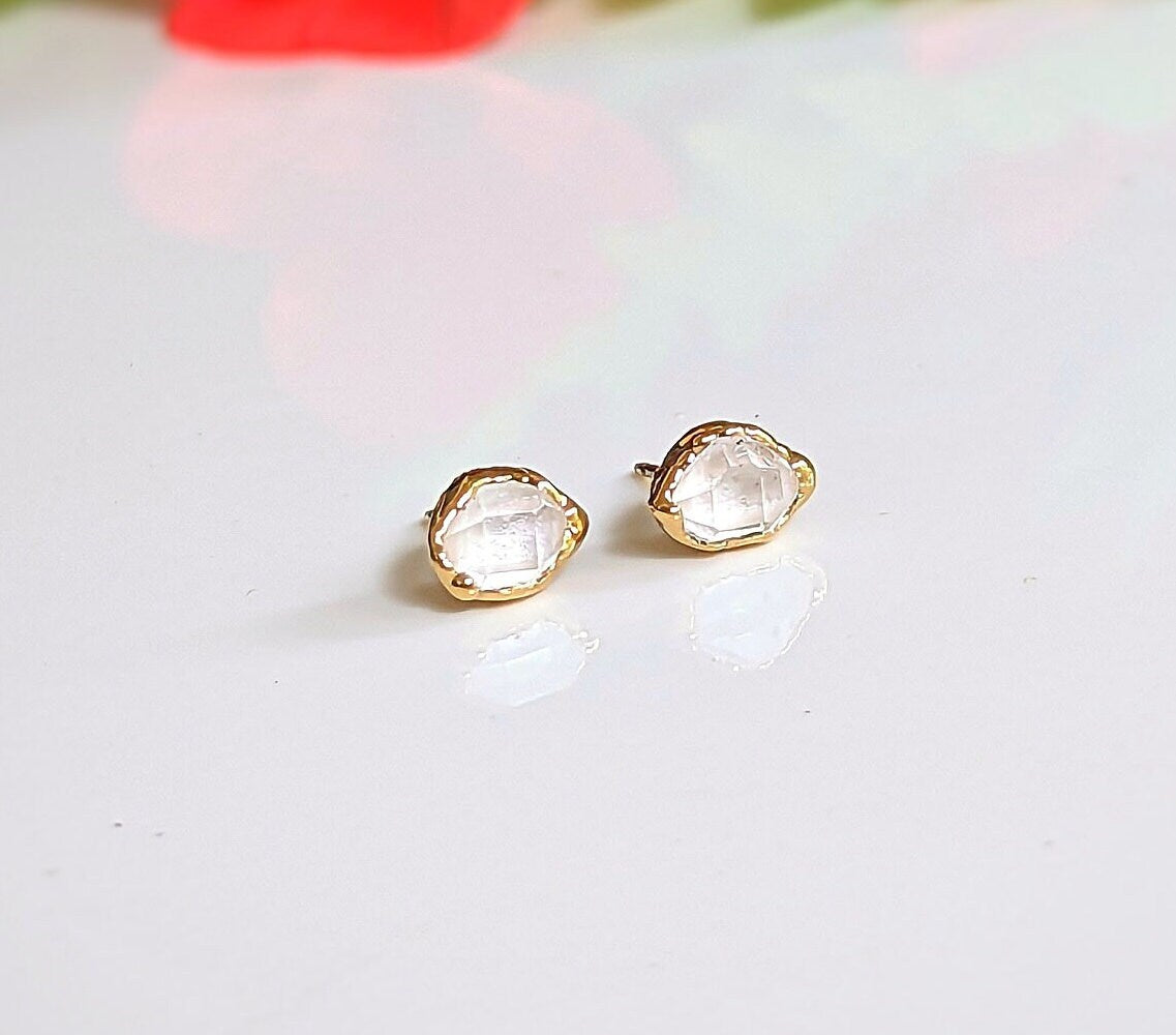 Handcrafted Herkimer diamond stud earrings in gold settings, perfect for bridal wear or as unique gifts.