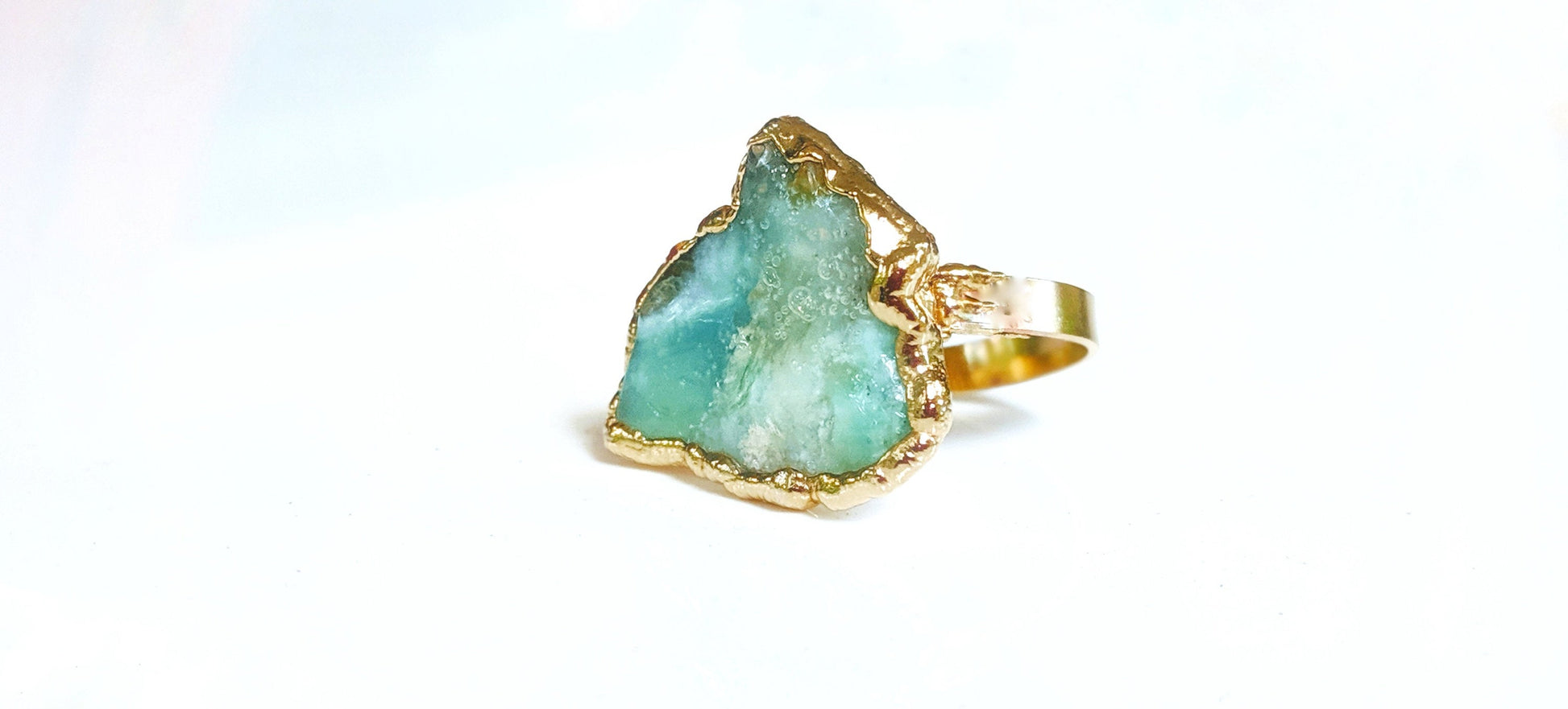 Handcrafted aqua blue raw Peruvian opal ring on a 14k gold filled band, unique and stunning jewelry.
