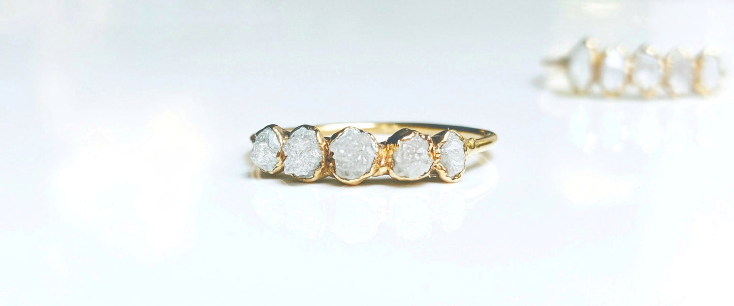 Handcrafted raw diamond Eternity ring set in 14k Gold, featuring five conflict-free uncut diamonds, symbol of eternal love.