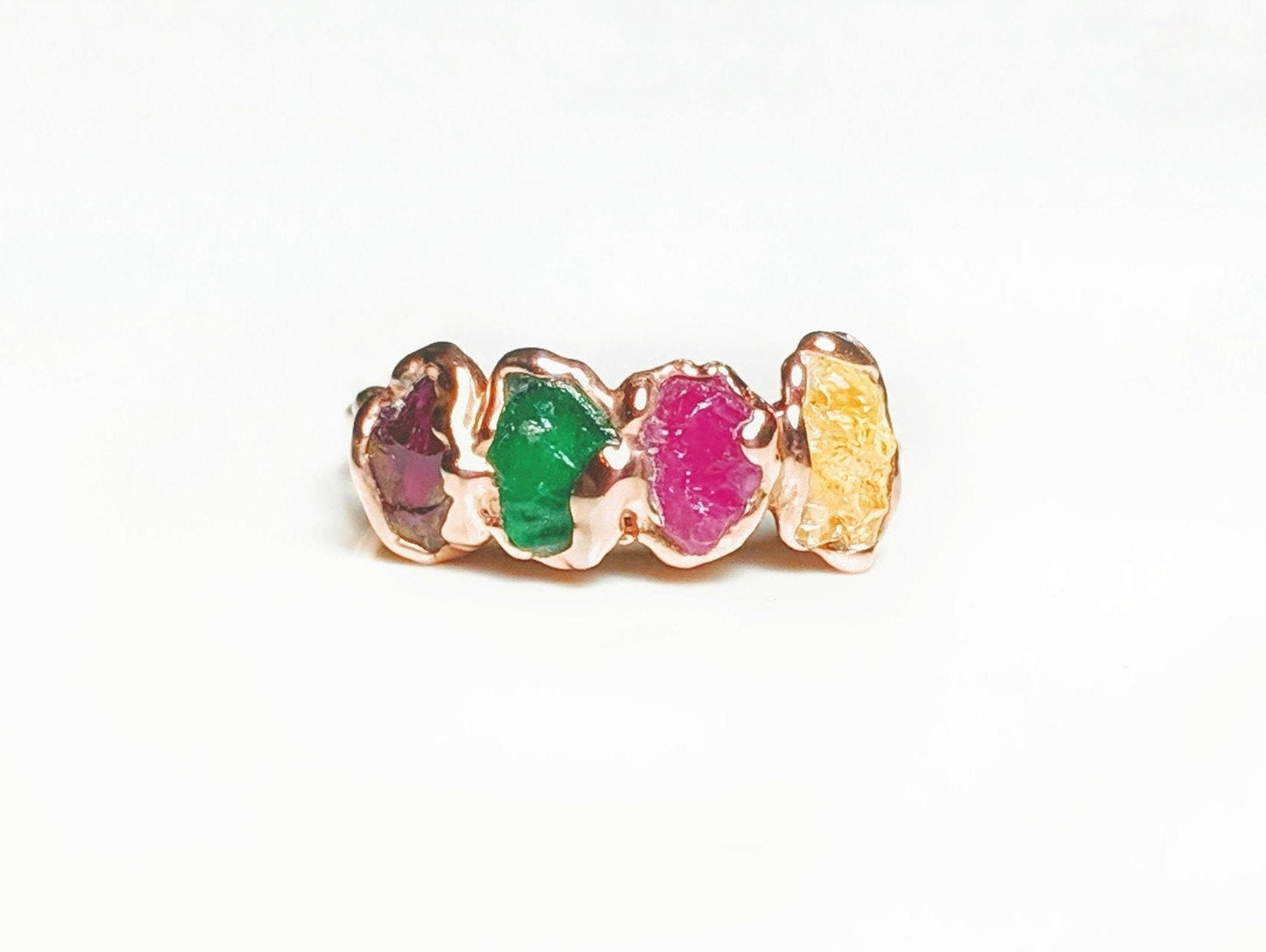 Raw gemstone family birthstone ring with colorful stones, handcrafted in gold finish, perfect Mother's ring gift.