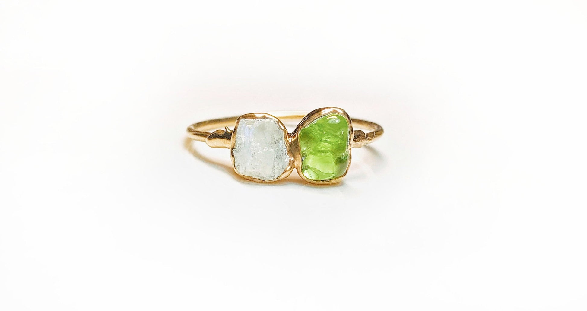 Unique raw gemstone Mother's ring featuring birthstones on a gold band, perfect family heirloom gift.