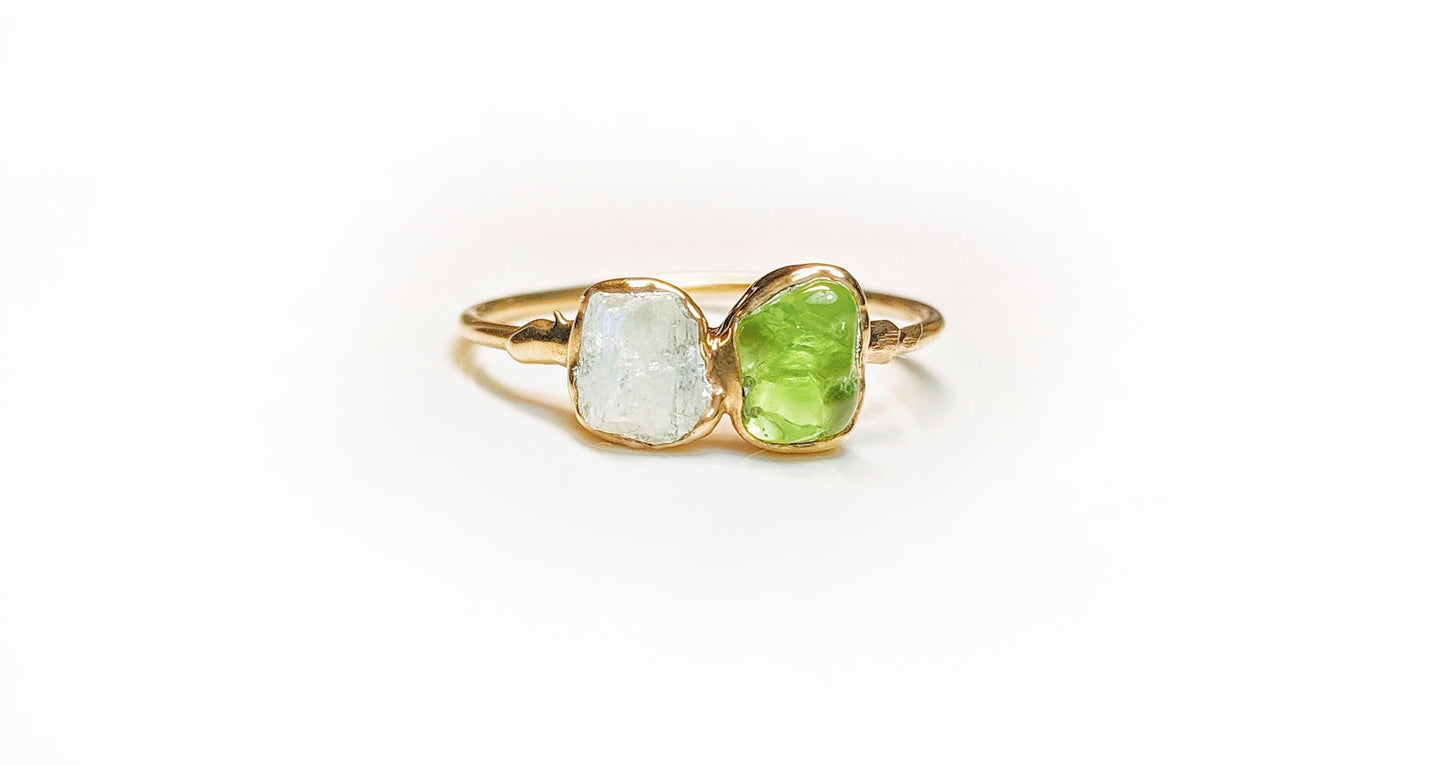 Customized family birthstone ring in 14k Gold featuring unique raw gemstones.