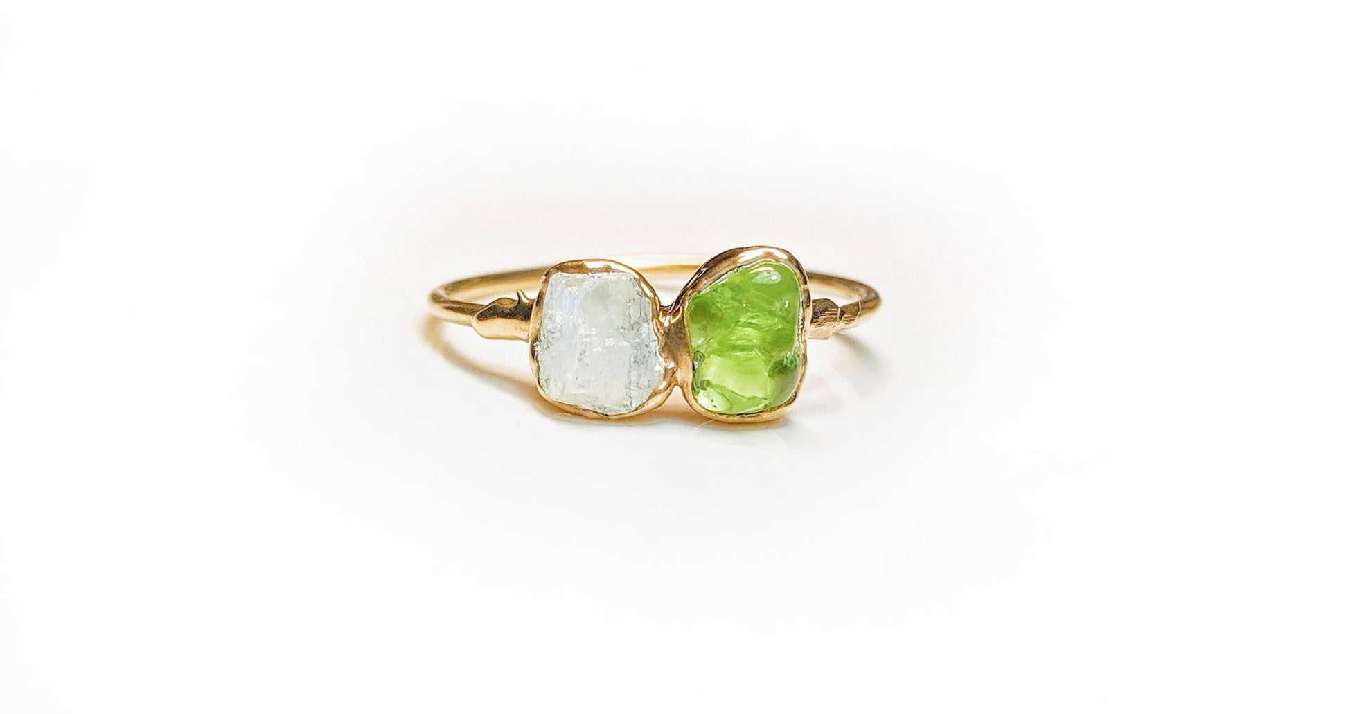 Customized family birthstone ring in 14k Gold featuring unique raw gemstones.