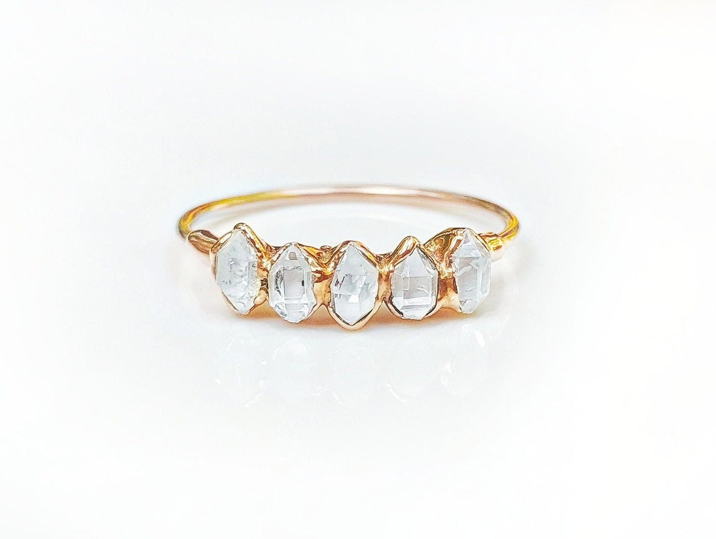 Herkimer diamond Eternity ring featuring five raw diamonds set in 18k gold, a perfect symbol of everlasting love.