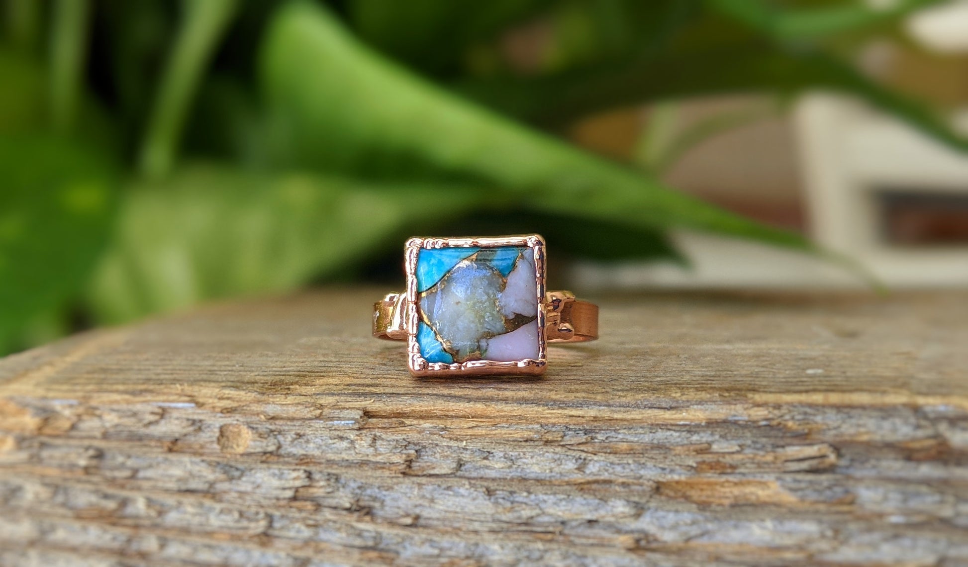 Handcrafted Spiny Oyster copper turquoise ring with unique 10mm square gemstone, set on a 14k gold filled band.