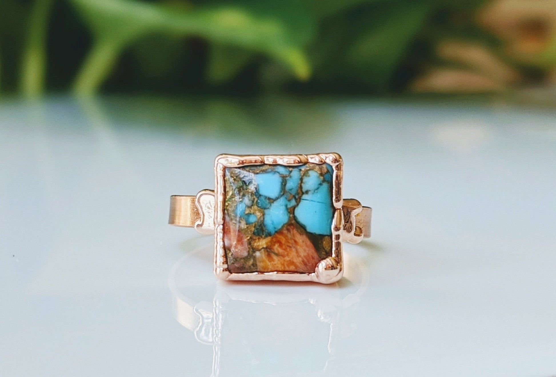 Handcrafted Pink Opal Copper Turquoise ring with a 10mm square gemstone set on a 14k gold filled band.