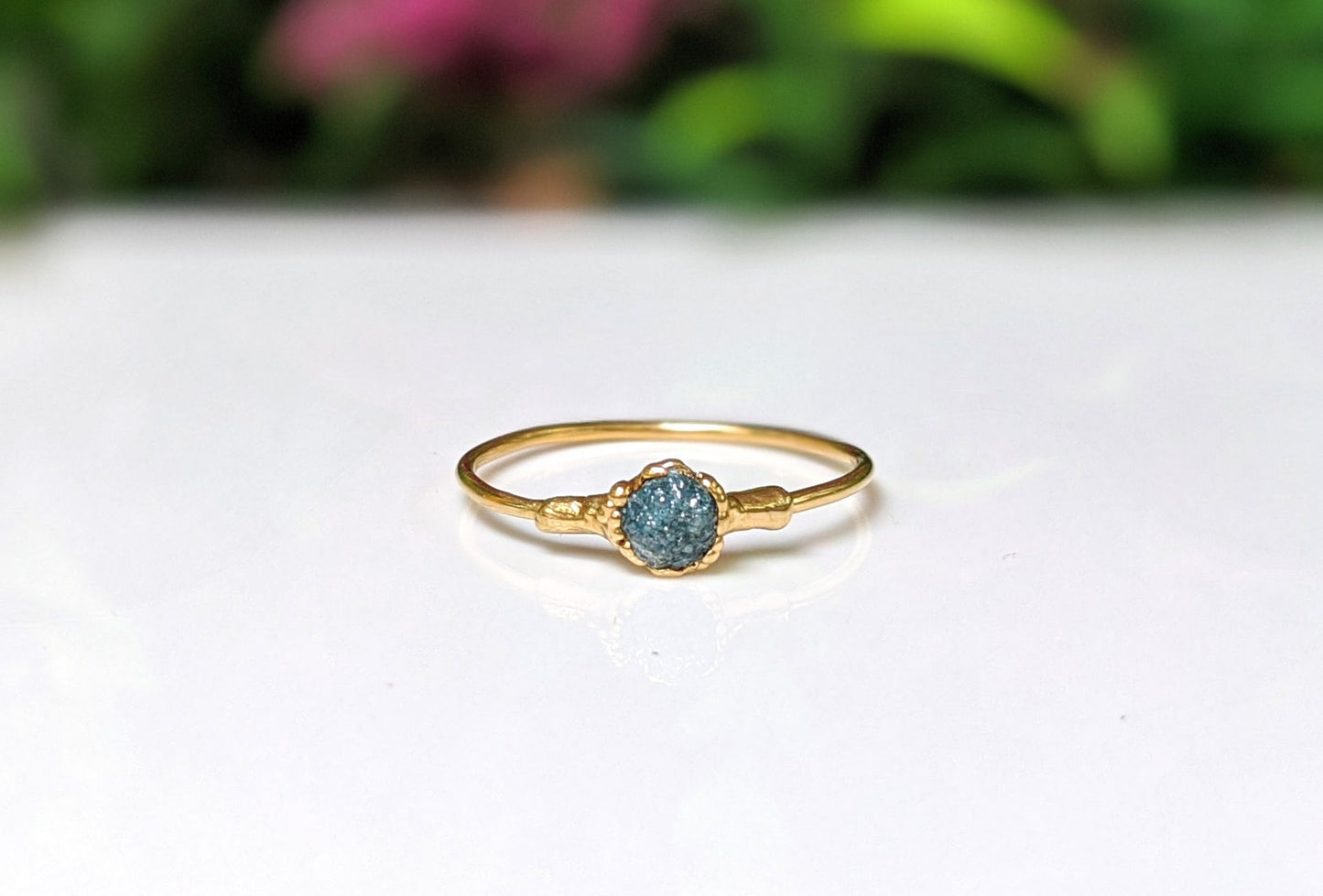 Raw blue diamond engagement ring on solid 18k gold band, handcrafted and unique, perfect for Valentine's Day.