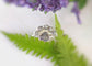 Handcrafted Raw diamond Chevron wedding ring set with silver-grey diamonds, nestled on lush greenery.