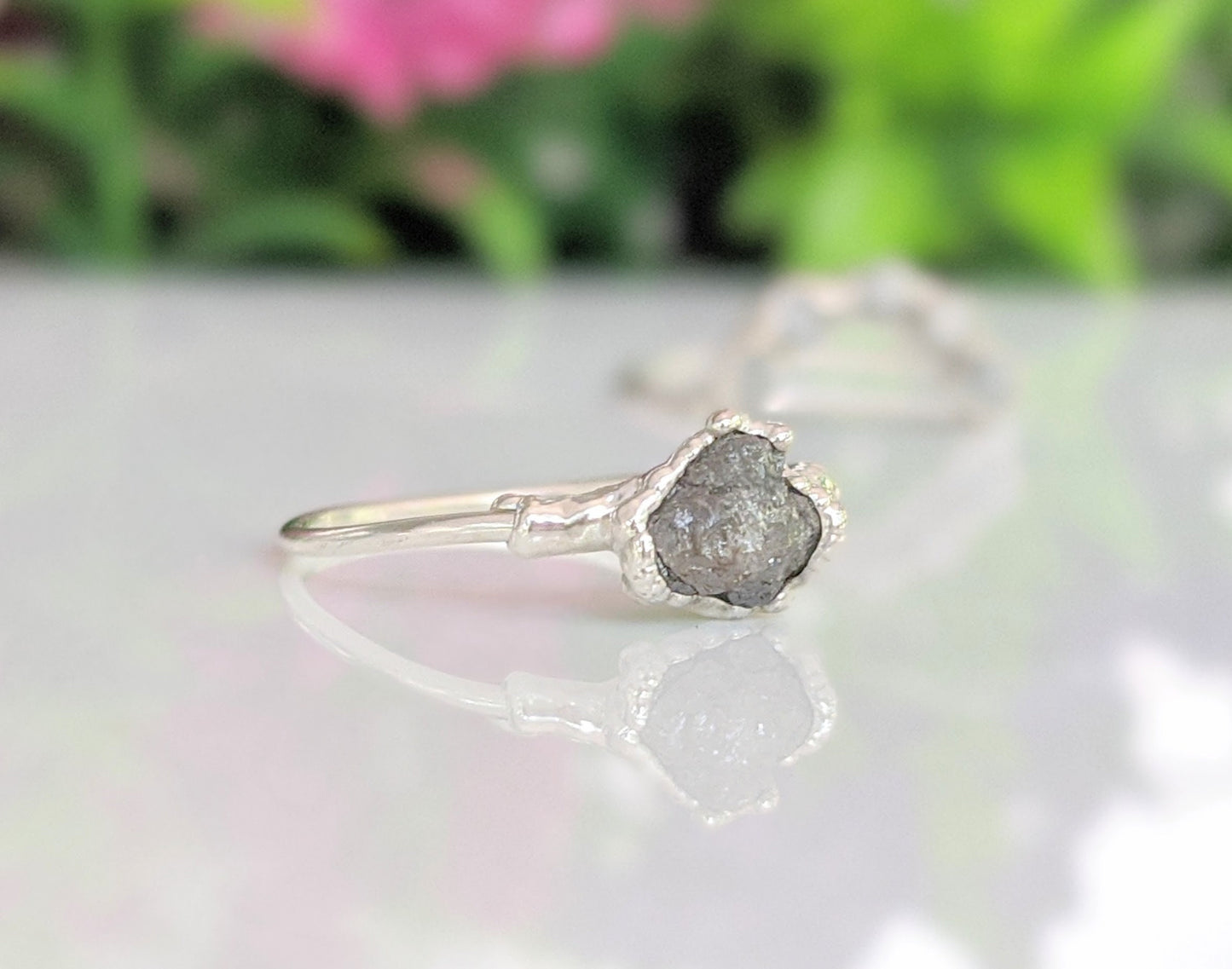 Handcrafted raw diamond Chevron wedding ring set featuring a silver-grey diamond in a unique sterling silver design.