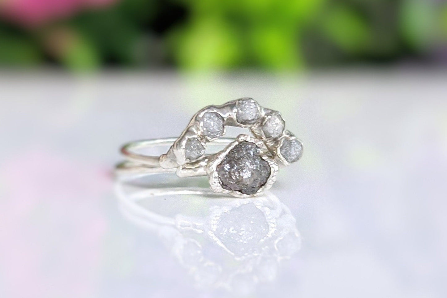 Raw diamond Chevron wedding ring set featuring silver-grey diamonds, handcrafted with love for a unique bridal look.