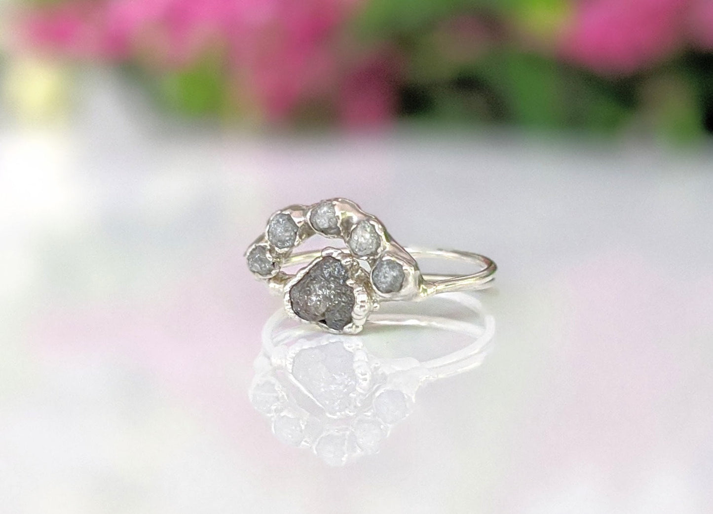 Handcrafted Raw diamond Chevron wedding ring set featuring silver-grey diamonds on a polished sterling silver band.