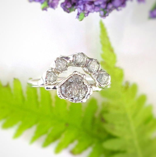 Unique raw diamond Chevron wedding ring set with silver-grey diamonds, handcrafted and ethically sourced.