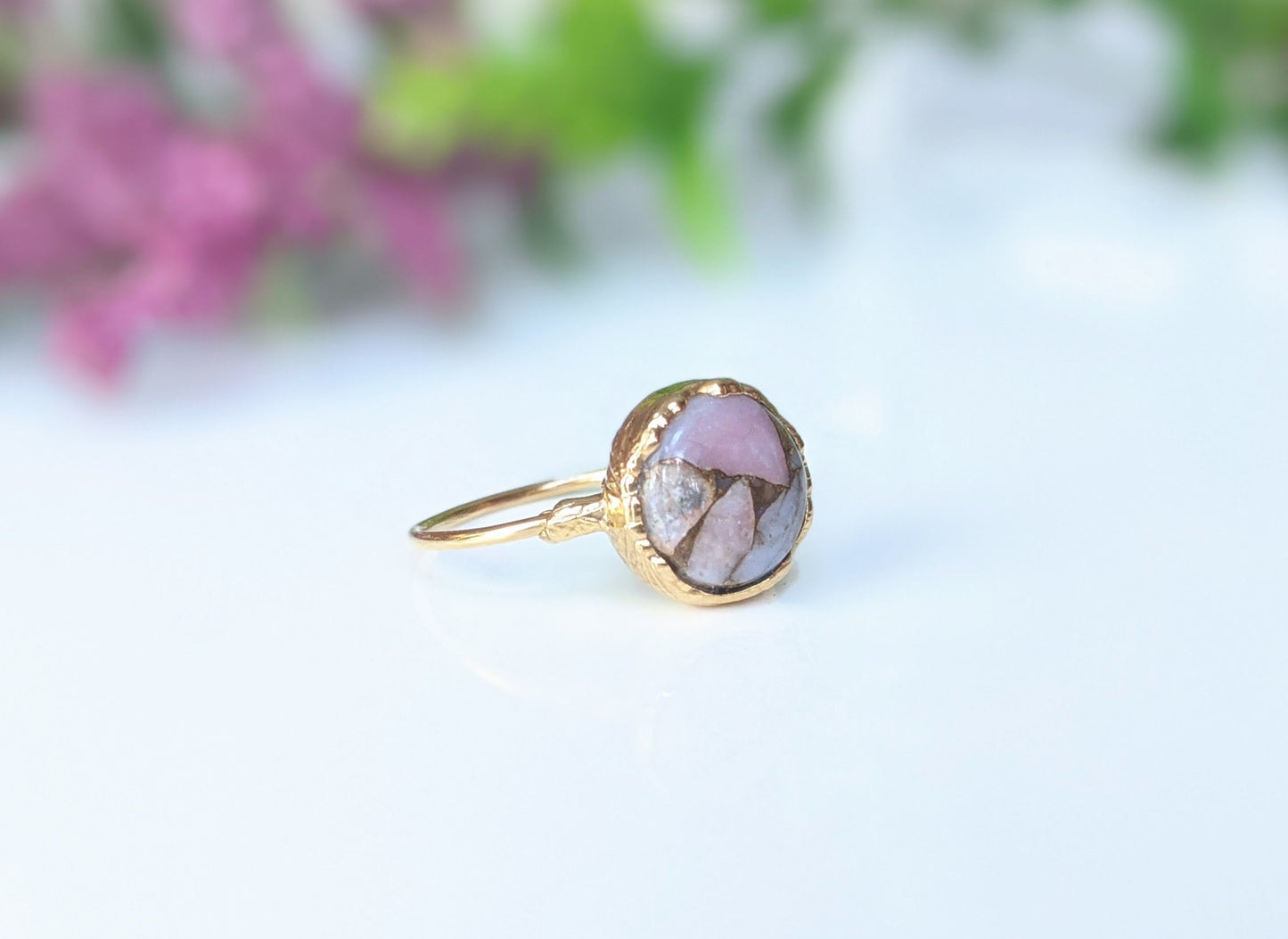Handcrafted Pink Opal copper ring on a 14k gold filled band with unique gemstone variations.