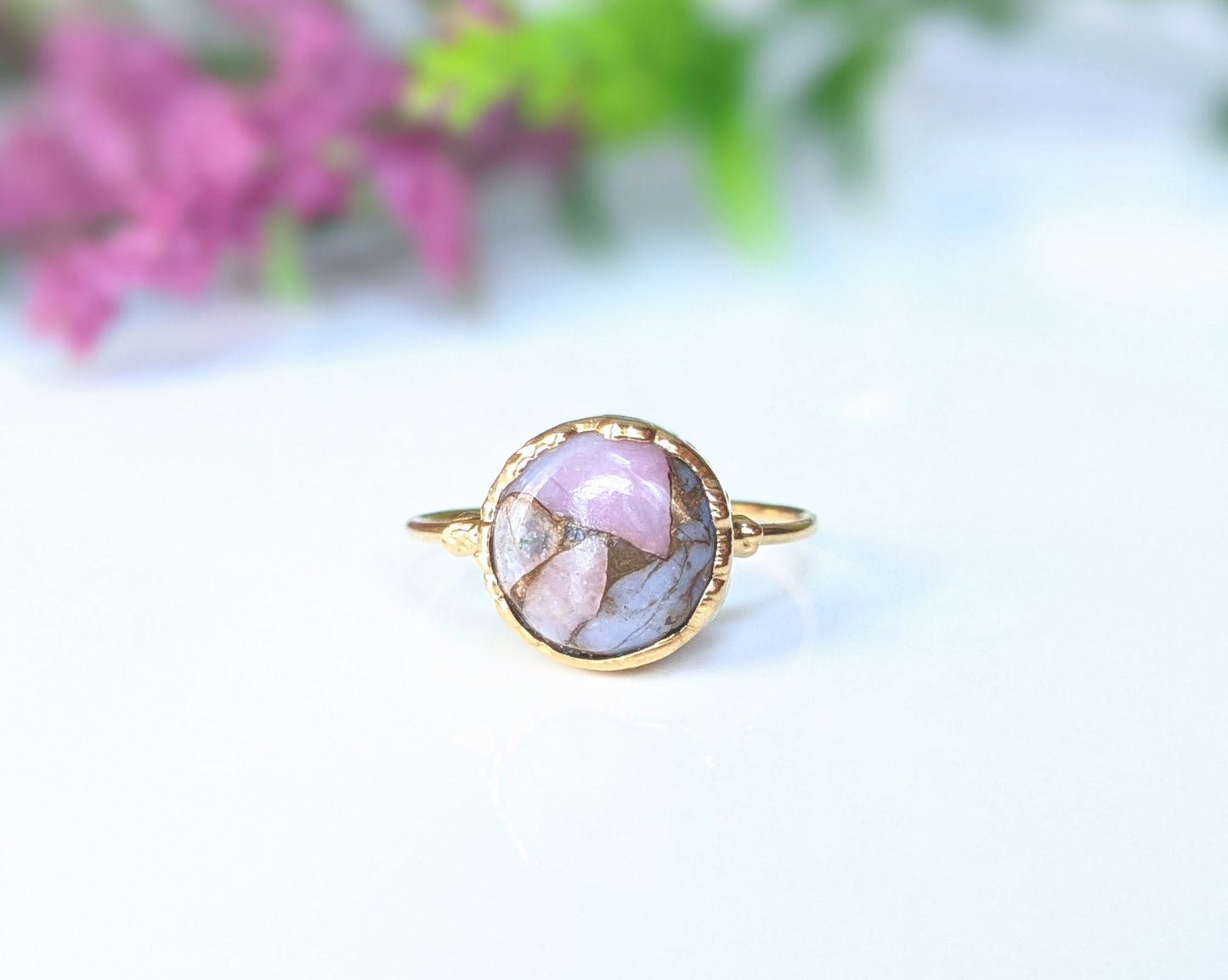 Handcrafted pink opal copper ring on a 14k gold filled band with unique gemstone setting.