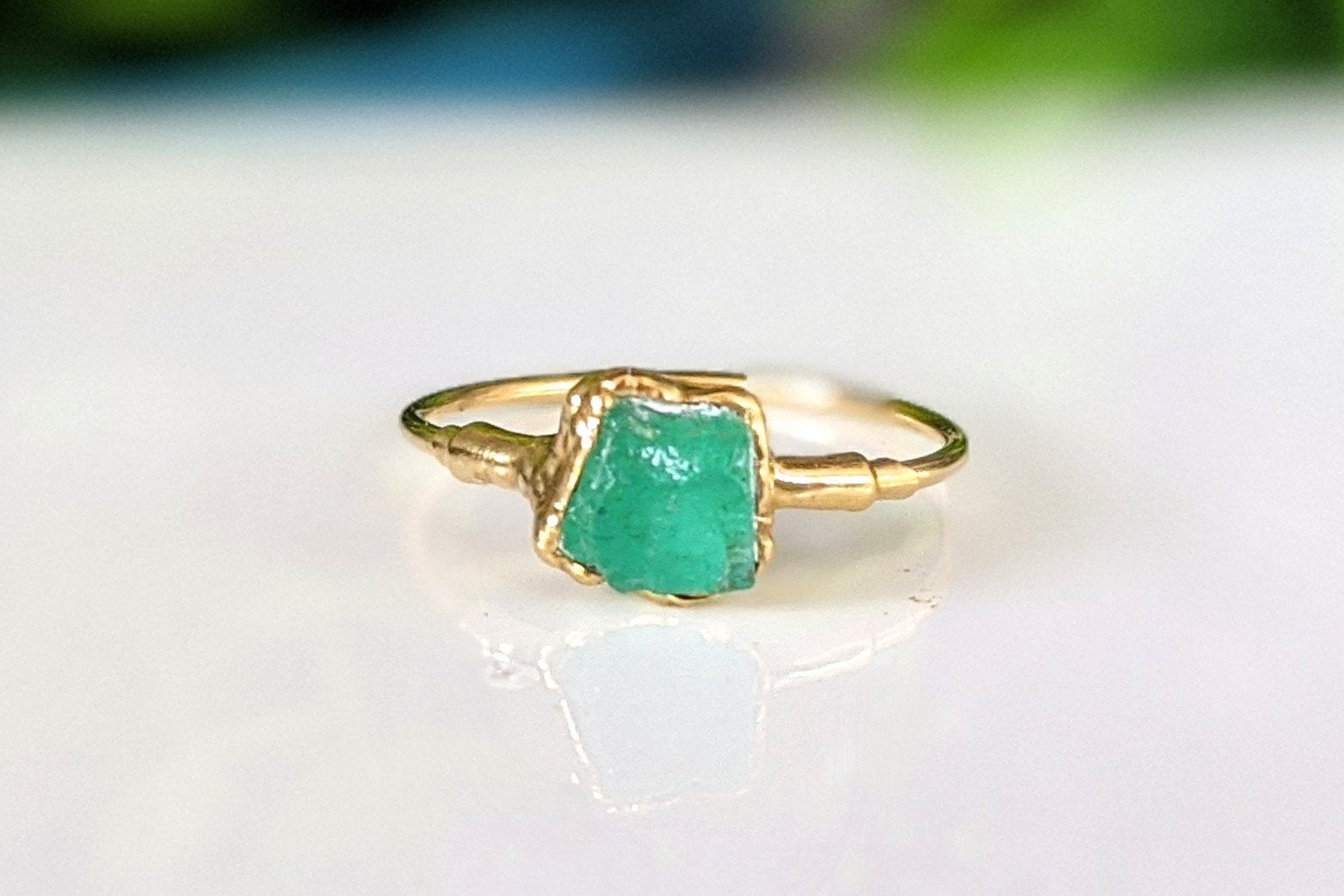 Handcrafted raw Emerald ring on 14k Gold filled band, May birthstone jewelry design.