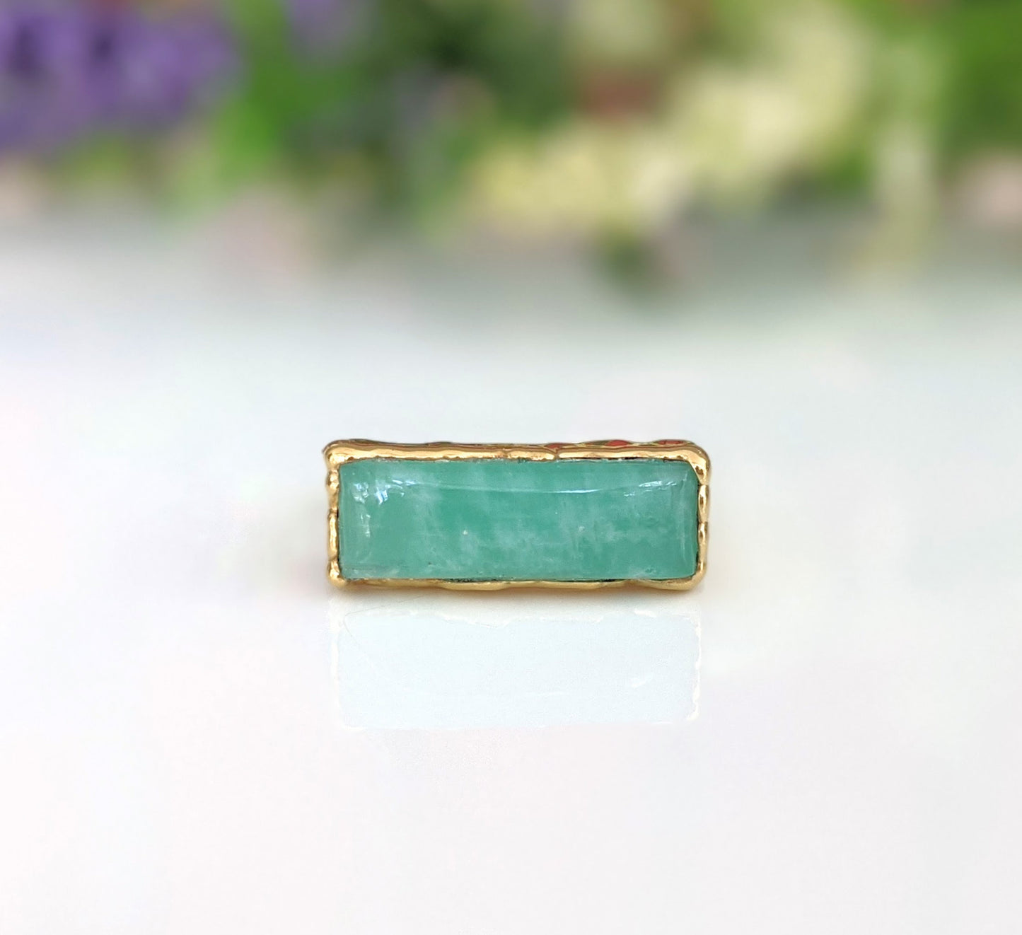 Natural Amazonite stone bar ring set in 14k gold filled band, inspiring truth and self-love.