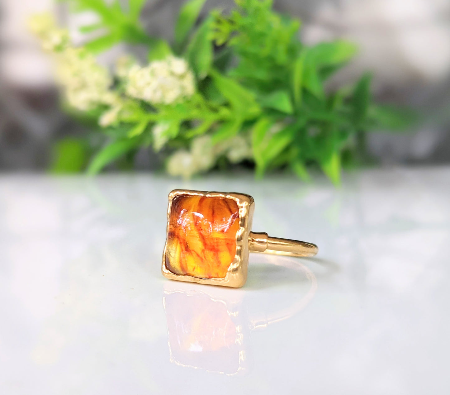 Baltic Amber gold ring with a honey color square stone set on a gold filled band, handmade and unique.