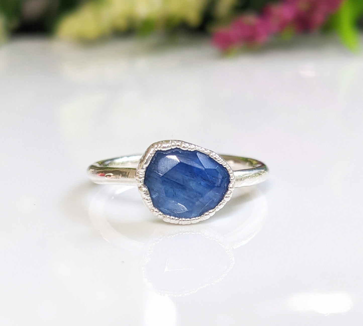 Rustic blue Kyanite ring on sterling silver band, featuring a unique rose-cut gemstone. Perfect gift for nature lovers.