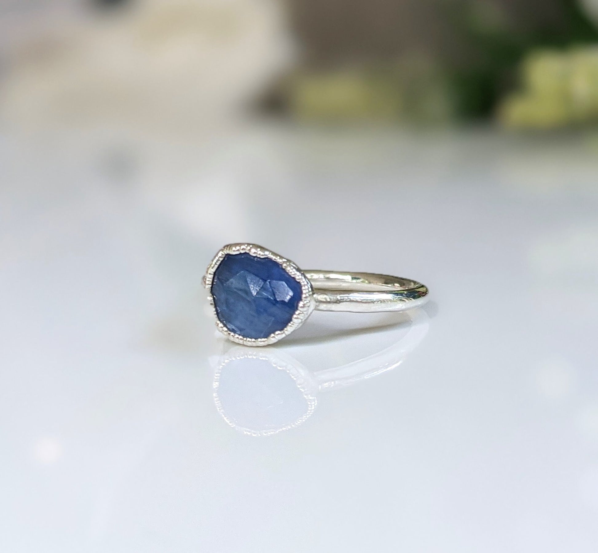 Rustic blue Kyanite ring on silver band showcasing a unique, elegant design perfect for nature lovers.
