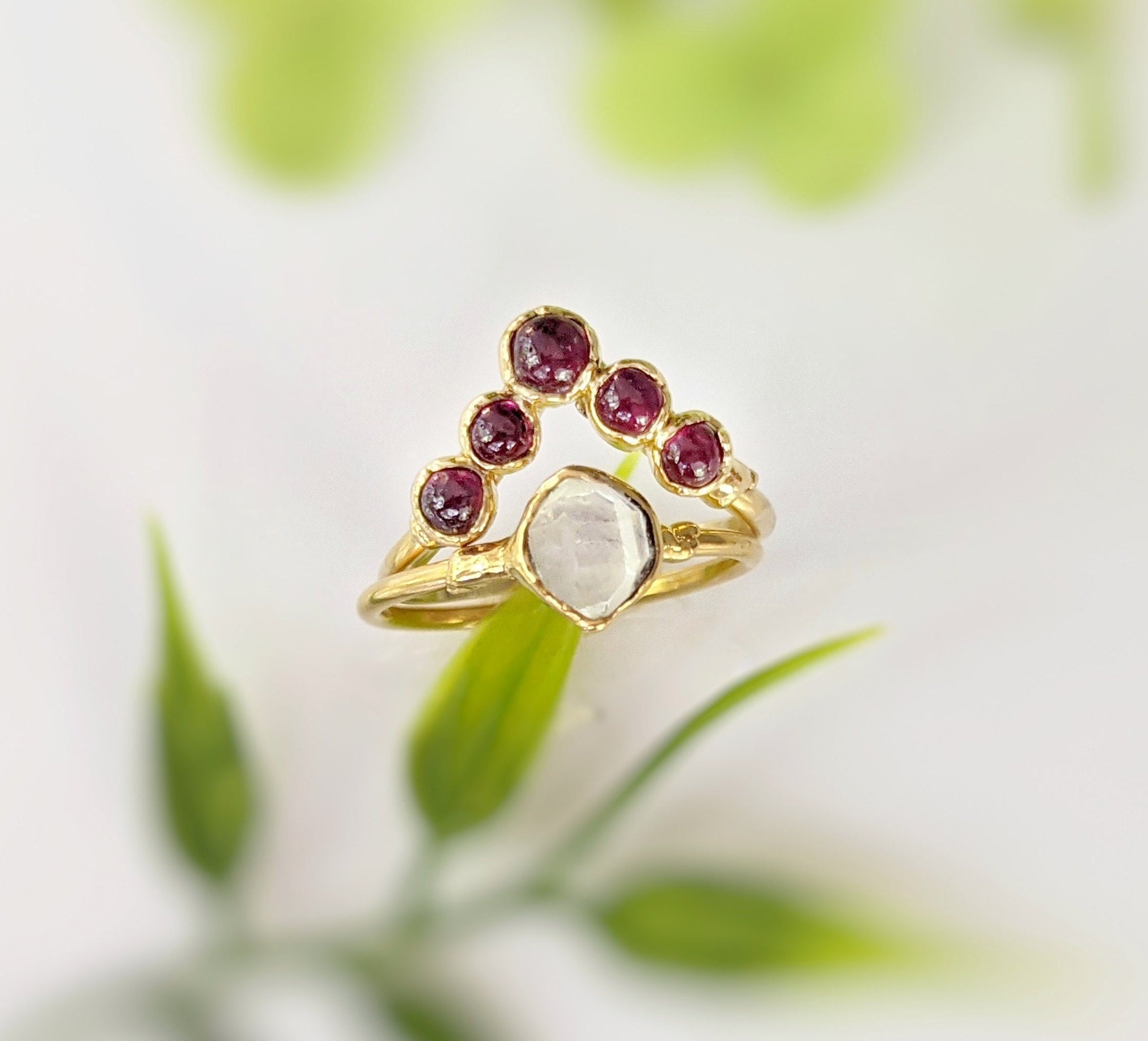 Handcrafted gold Chevron wedding ring set featuring Herkimer diamond and natural Ruby gemstones.