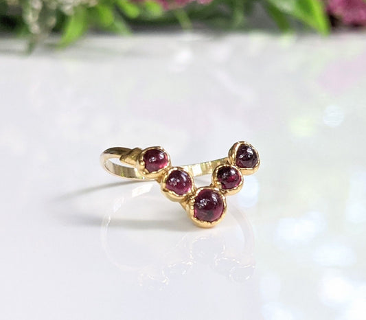 Ruby Chevron ring in 18k gold showcasing natural rubies, perfect for weddings and anniversaries, celebrating love.