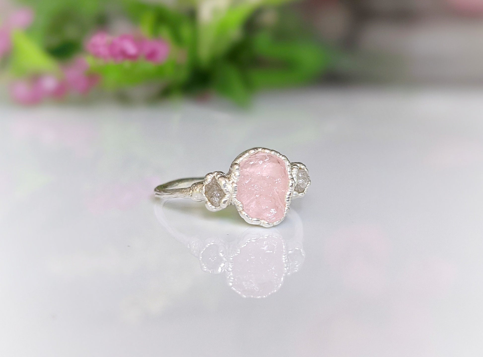 Handcrafted raw Morganite ring in sterling silver featuring rough pink Morganite and natural diamonds.