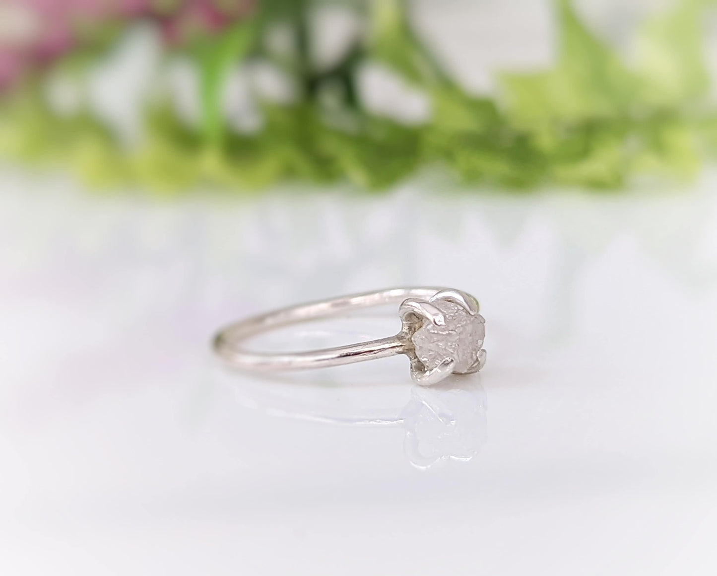 Delicate sterling silver raw diamond engagement ring with a unique 5-6mm conflict-free diamond.