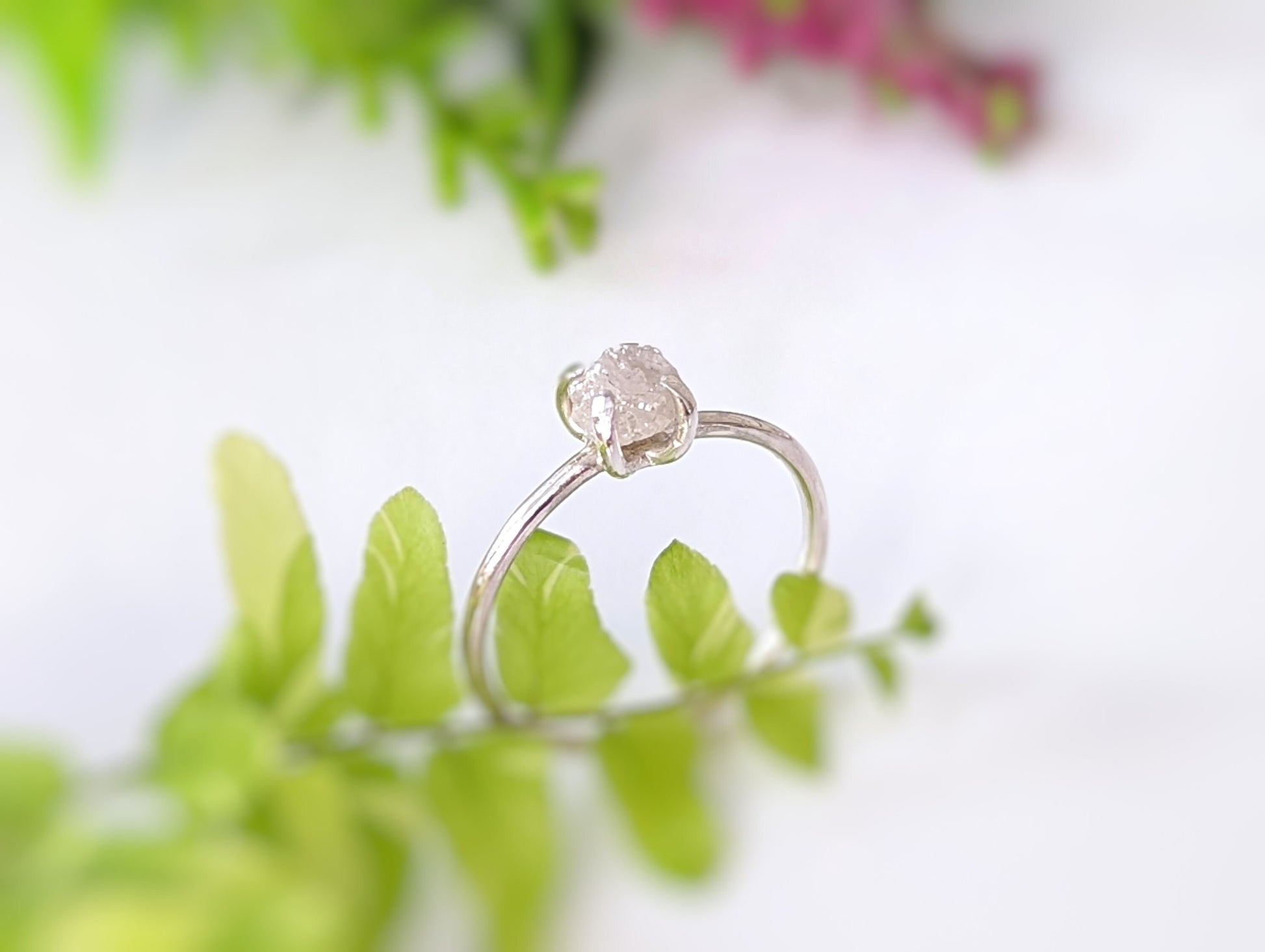 Sterling silver raw diamond ring with a 5-6mm conflict-free diamond, perfect for engagement or special moments.