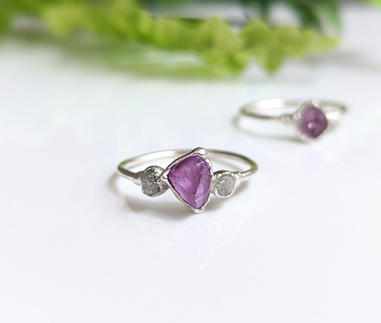 Raw Alexandrite and diamond silver ring, showcasing unique handcrafted design with sparkling gemstones.