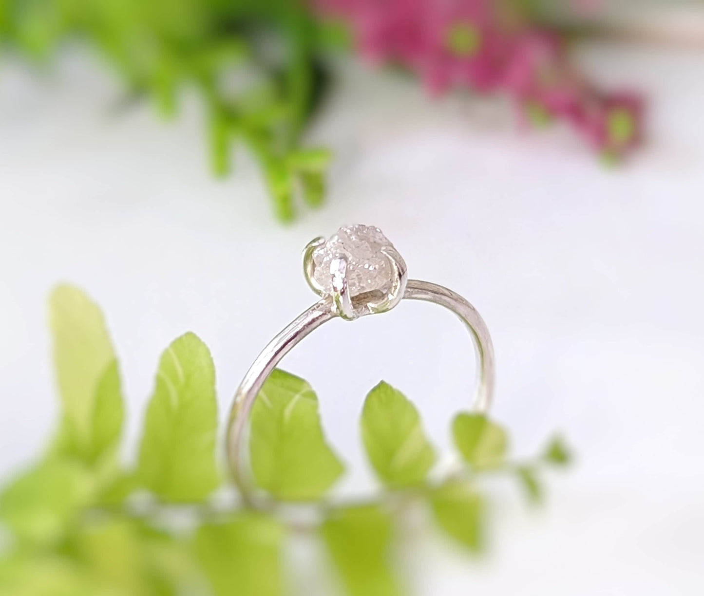 Sterling silver raw diamond ring with a unique 5-6mm conflict-free diamond, perfect for engagement or Forever moments.