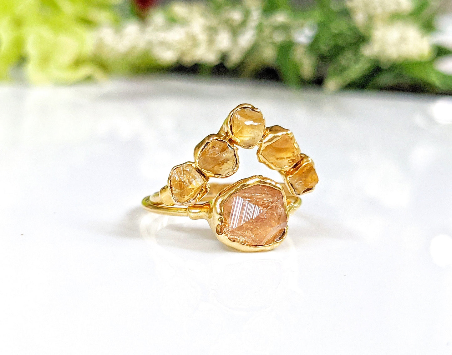 Raw Topaz and Citrine Chevron ring set on a gold band, perfect unique wedding ring for November birthdays.