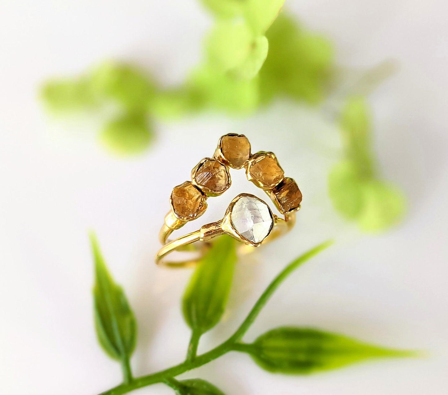 Elegant raw Citrine and Herkimer diamond Chevron engagement ring set with 14k gold band.