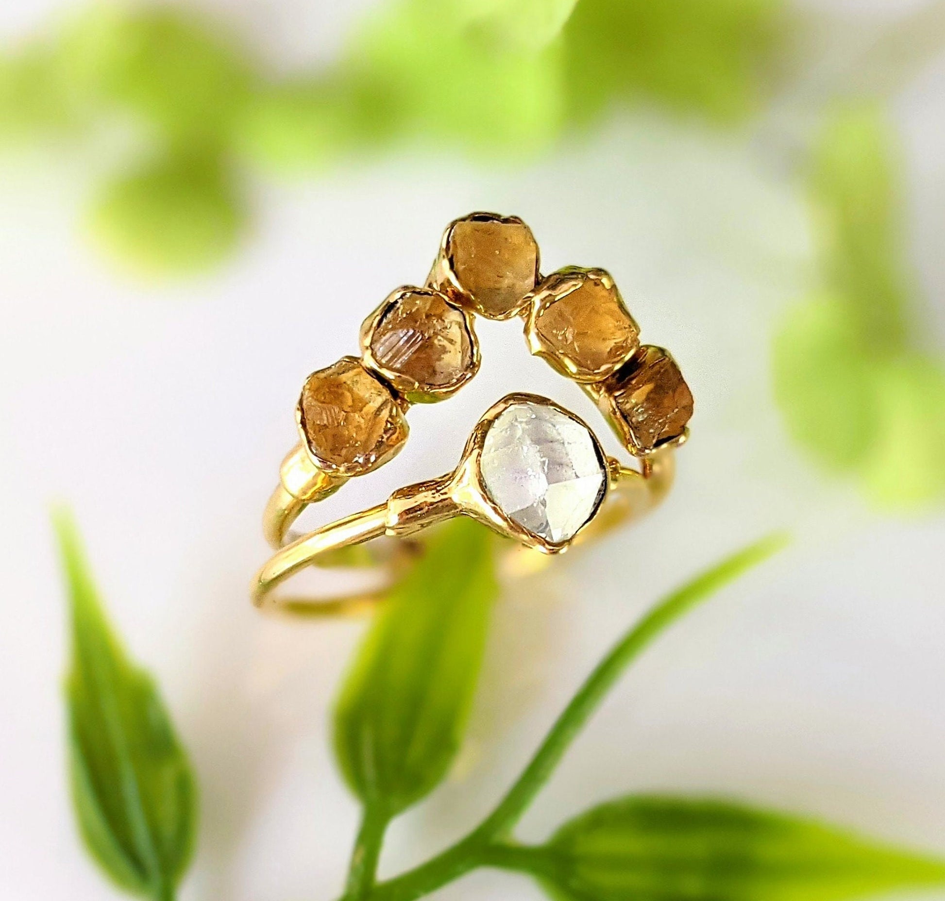 Raw Citrine and Herkimer diamond Chevron engagement ring set in 14k gold, showcasing natural gemstones.