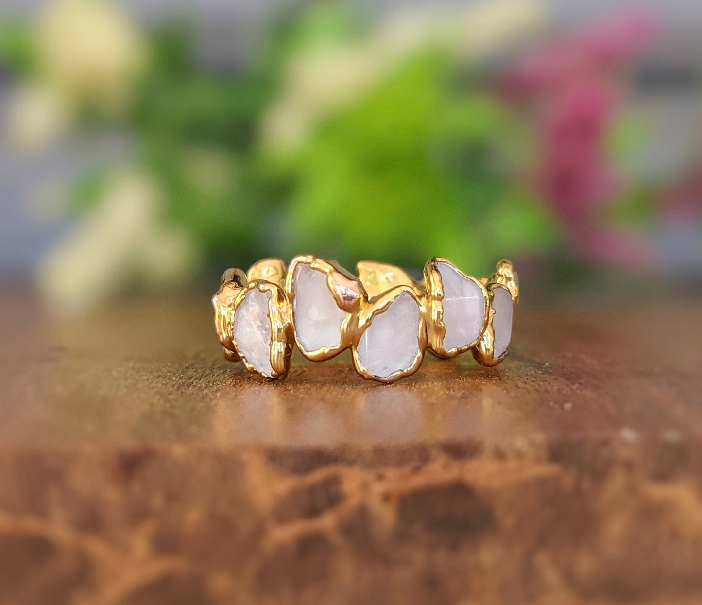 Rose Quartz Eternity Gold ring featuring unique gemstones in a delicate gold filled band, perfect for any occasion.