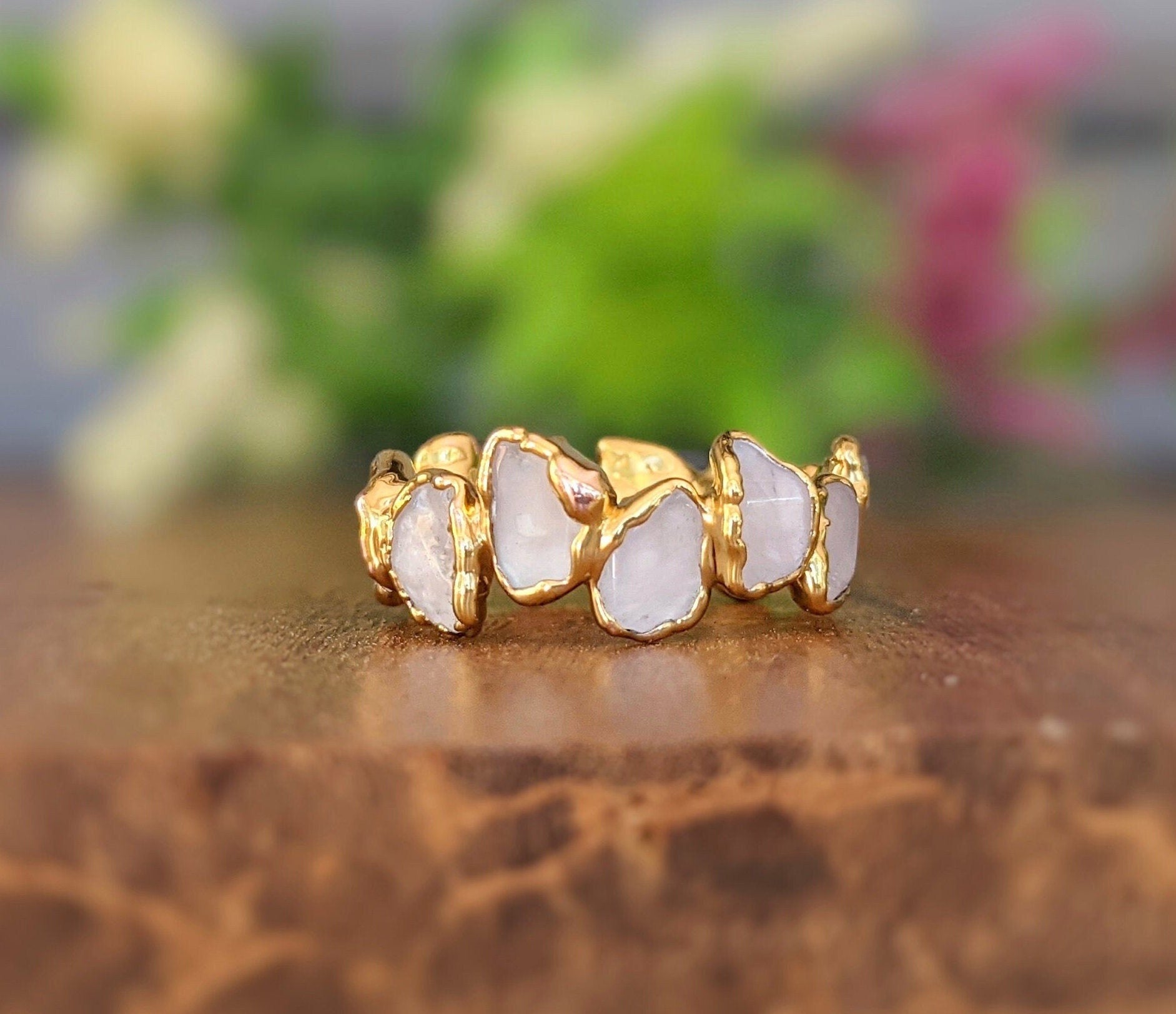 Rose Quartz Eternity Gold ring featuring unique gemstones in a delicate gold filled band, perfect for any occasion.