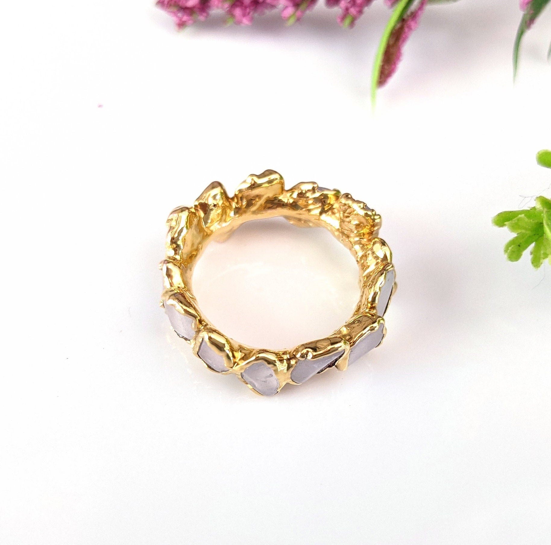 Rose Quartz eternity gold ring featuring unique gemstone shapes and a 14k gold-filled band.