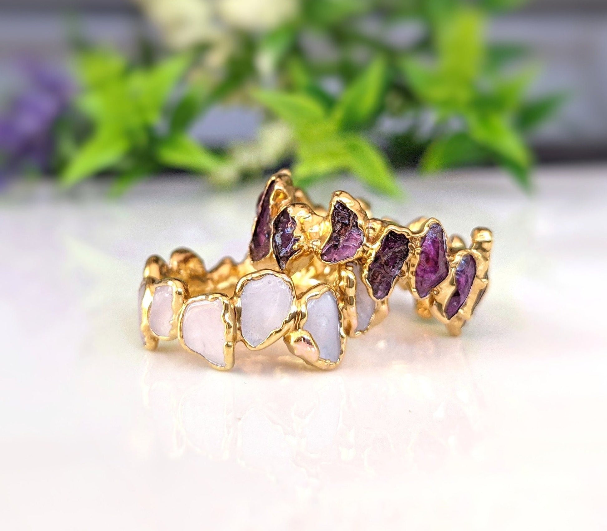 Rose Quartz eternity gold ring, featuring unique gemstone shapes, 14k gold-filled band, perfect blend of elegance and charm.