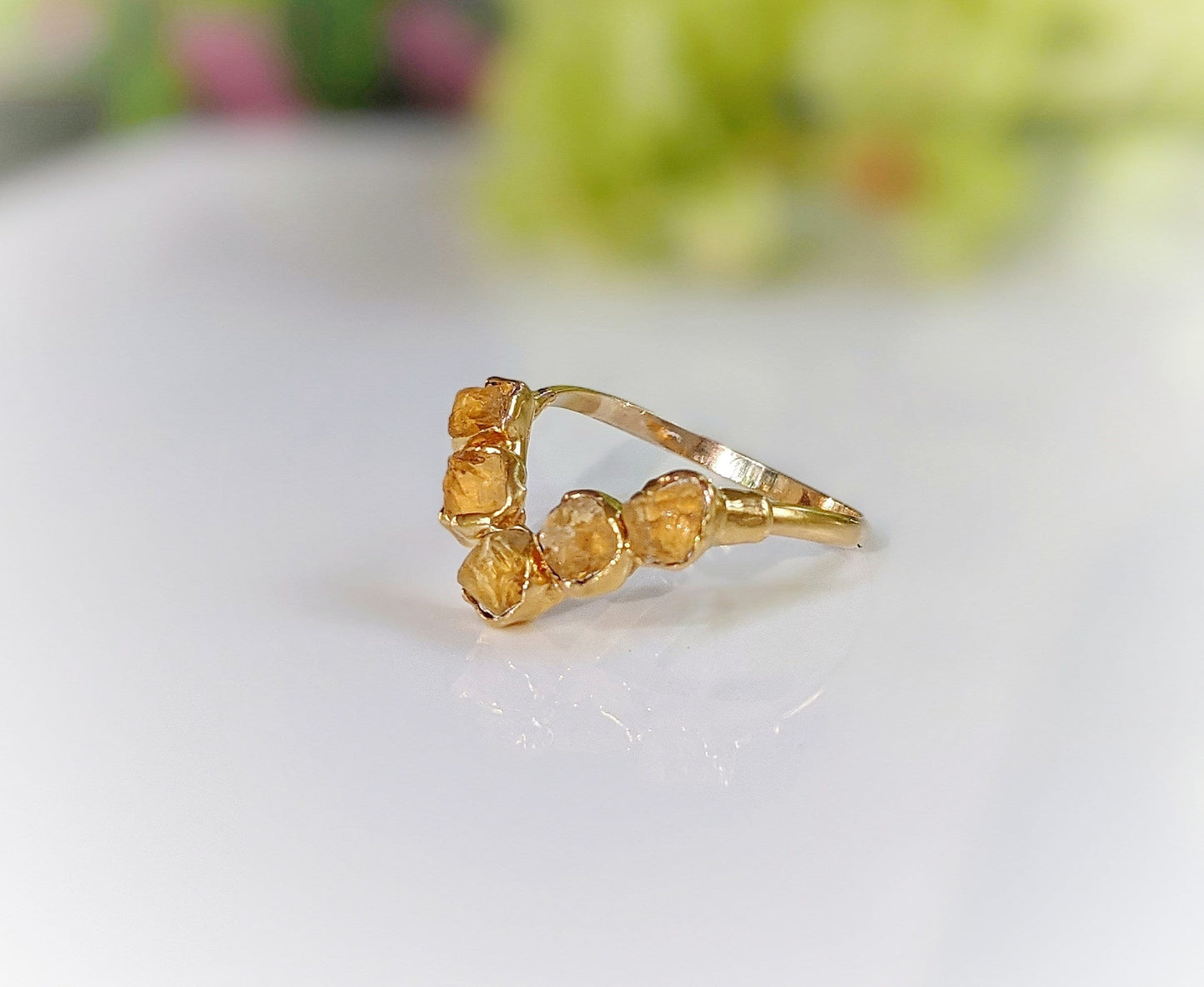 Raw Citrine Chevron ring set in 18k Gold, featuring five natural Citrine stones for a unique wedding ring.