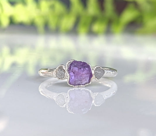 Raw Amethyst and rough diamond ring on sterling silver band, perfect for February birthdays or special occasions.