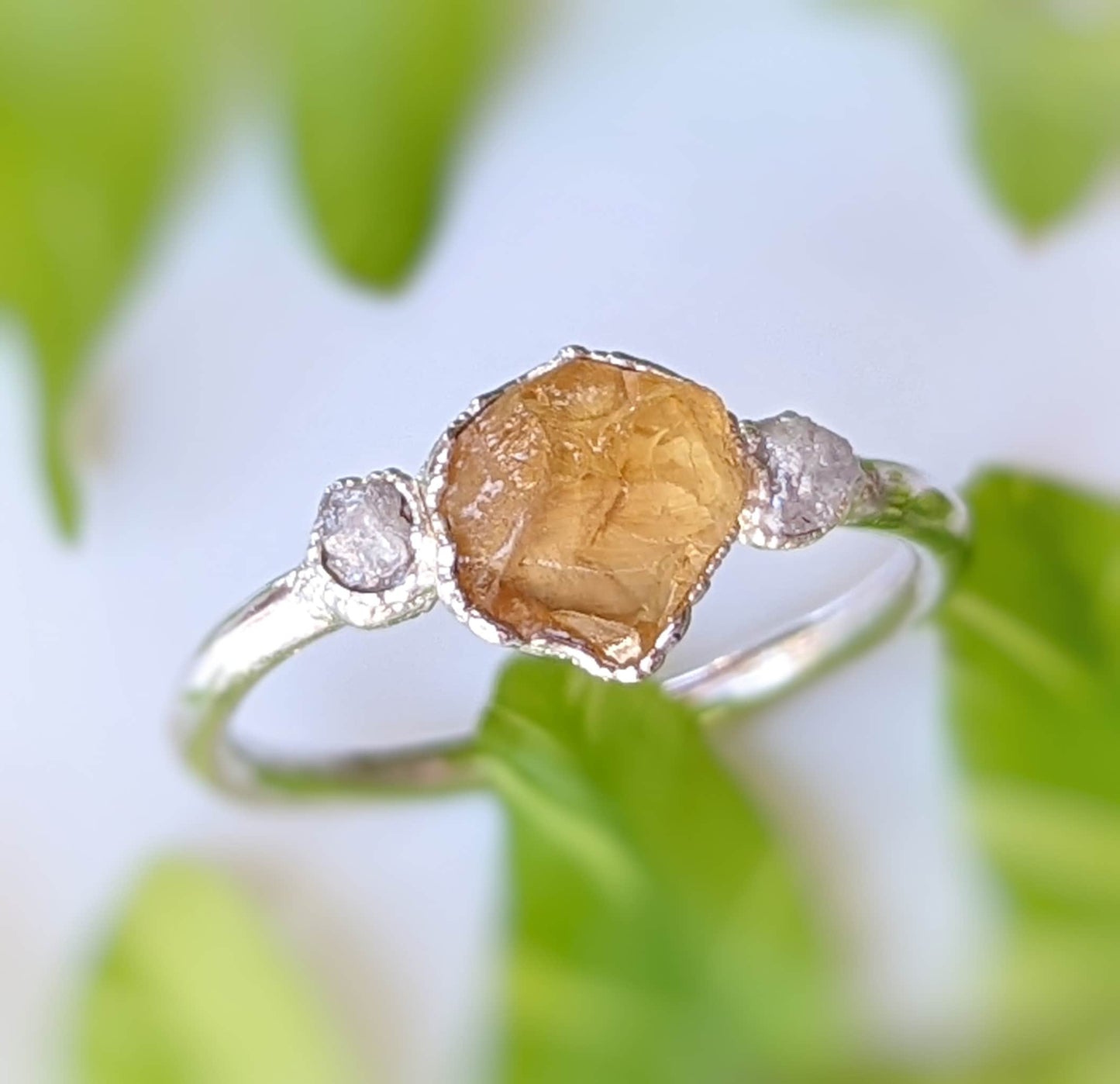Handcrafted raw Citrine and diamond ring, unique rustic jewelry symbolizing love and perfect for November birthstone gifts.