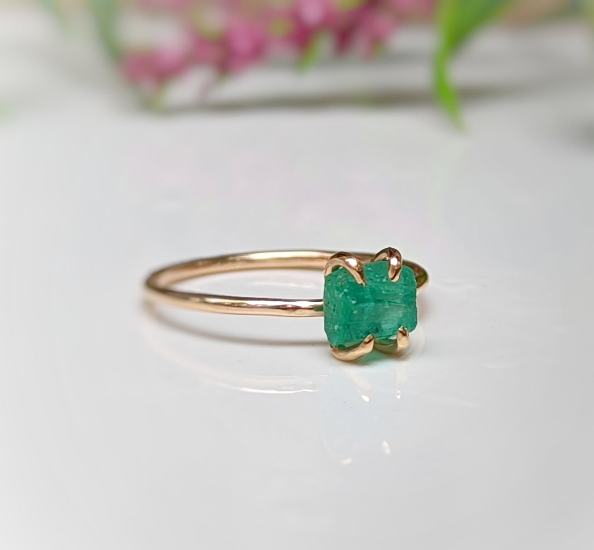 Raw green emerald solitaire ring in solid 14k gold, elegant handcrafted jewelry gift for Valentine's Day.